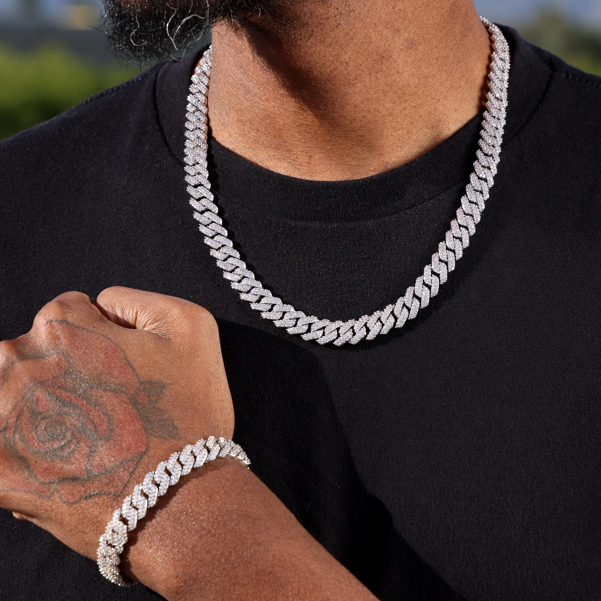 10mm Moissanite Prong Cuban Chain + Bracelet Bundle - 925 Silver