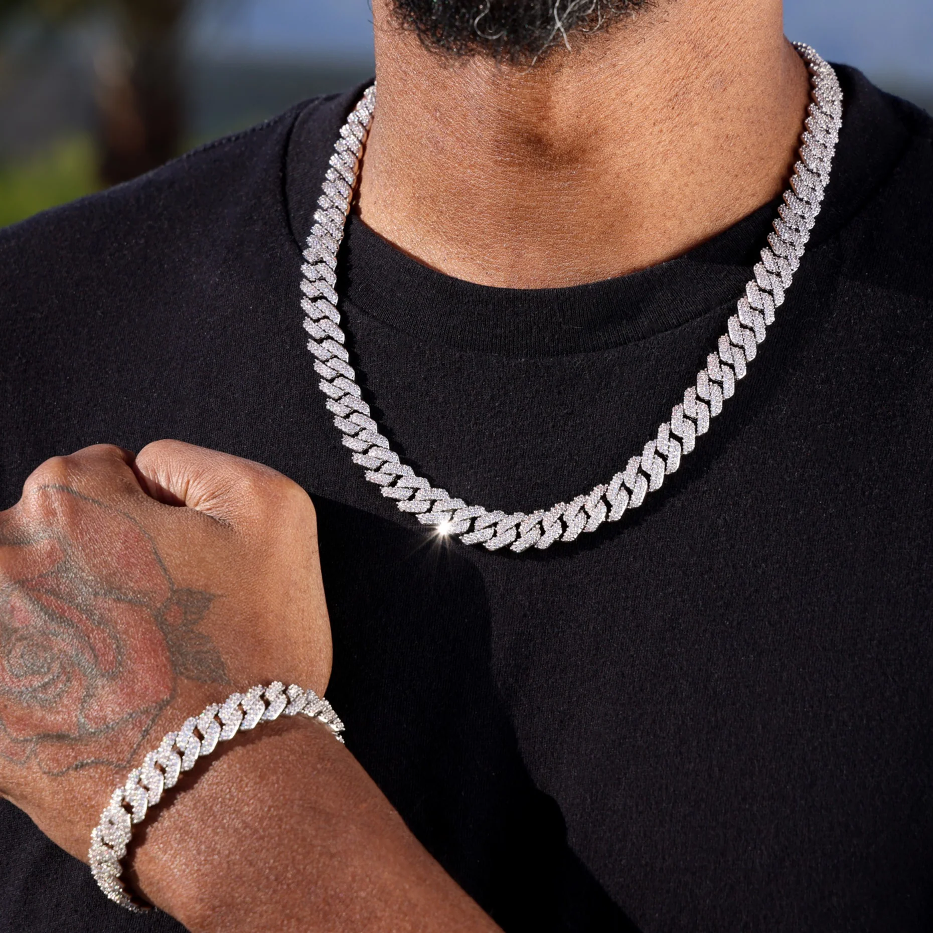 10mm Moissanite Prong Cuban Chain + Bracelet Bundle - 925 Silver - Image 2