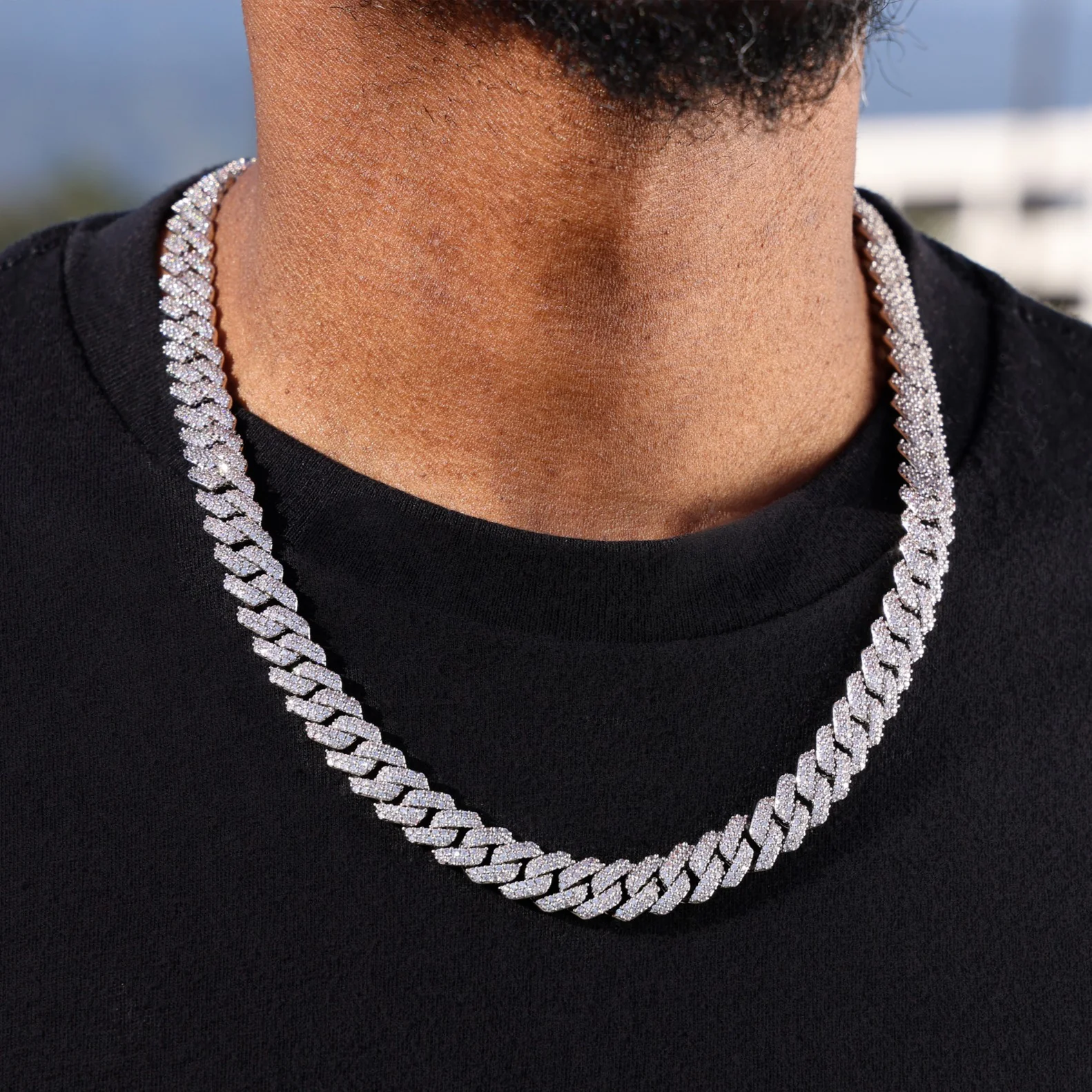 10mm Moissanite Prong Link Cuban Chain - 925 Silver - Image 2