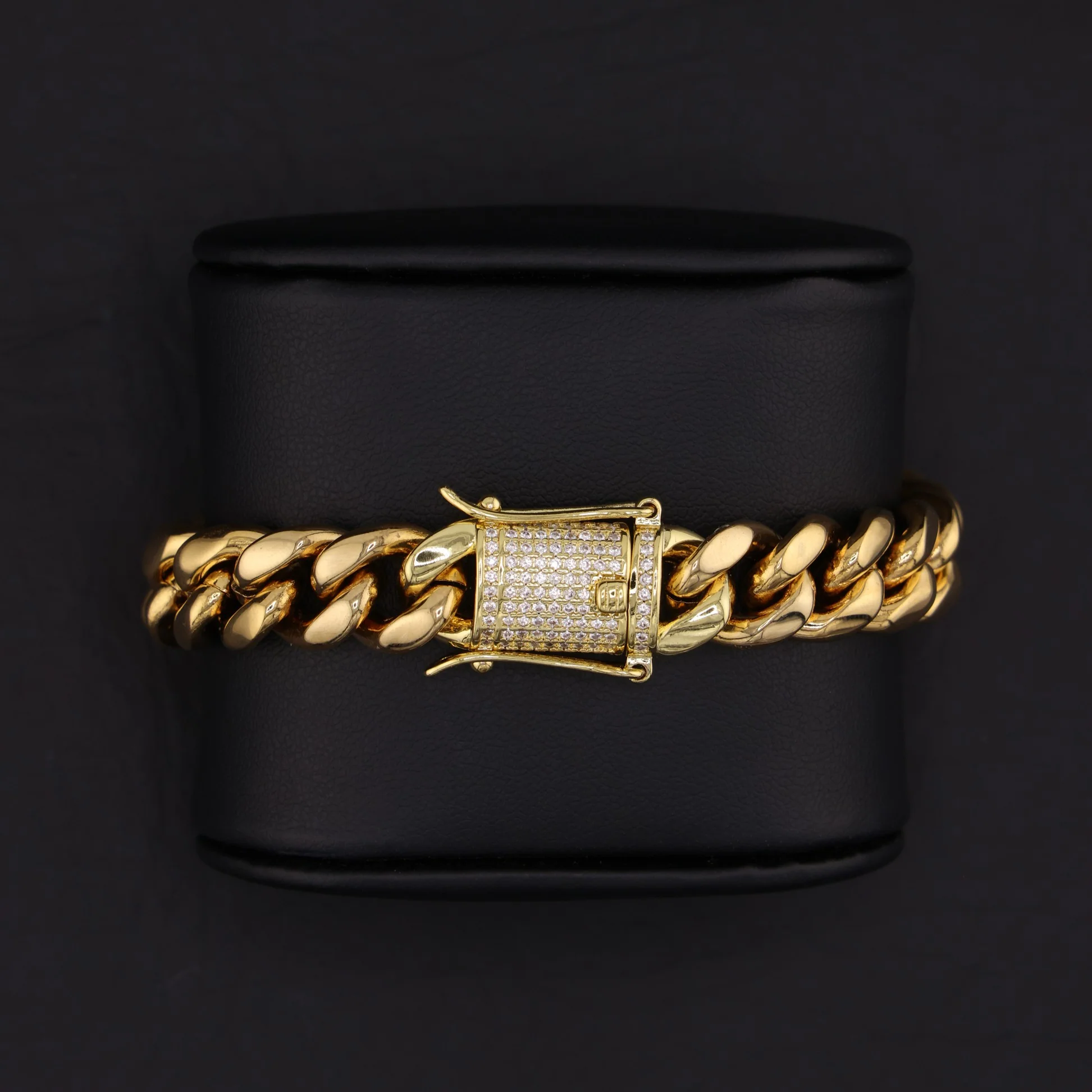 12mm Miami Cuban Bracelet (Iced Out Clasp) - Gold - Image 2