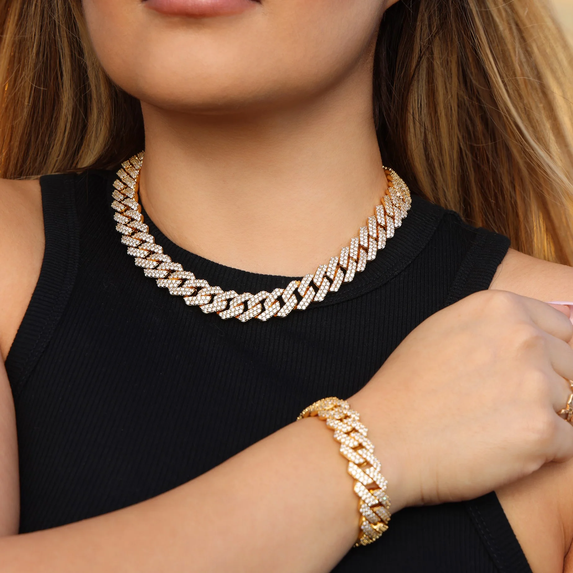 13mm Prong Link Necklace + Bracelet Bundle - Gold - Image 3