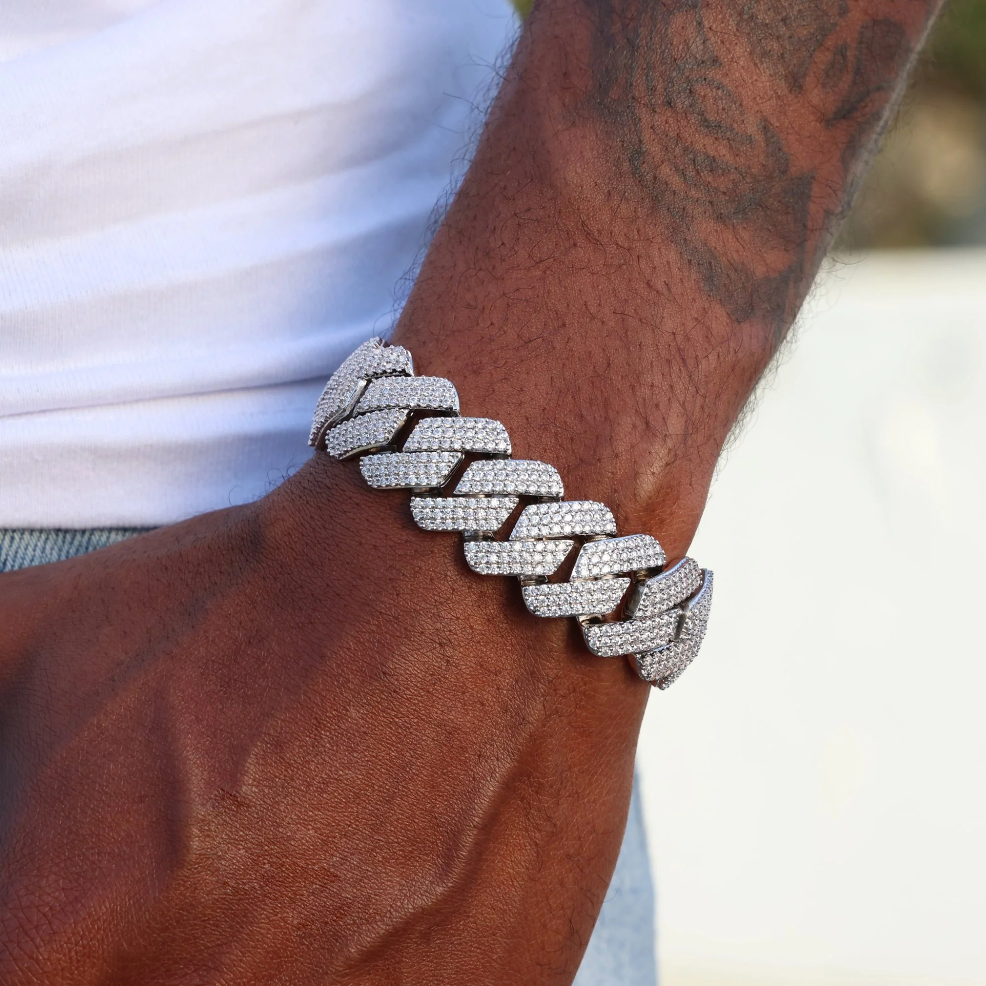 19mm Diamond Prong Link Cuban Bracelet - White Gold - Image 5
