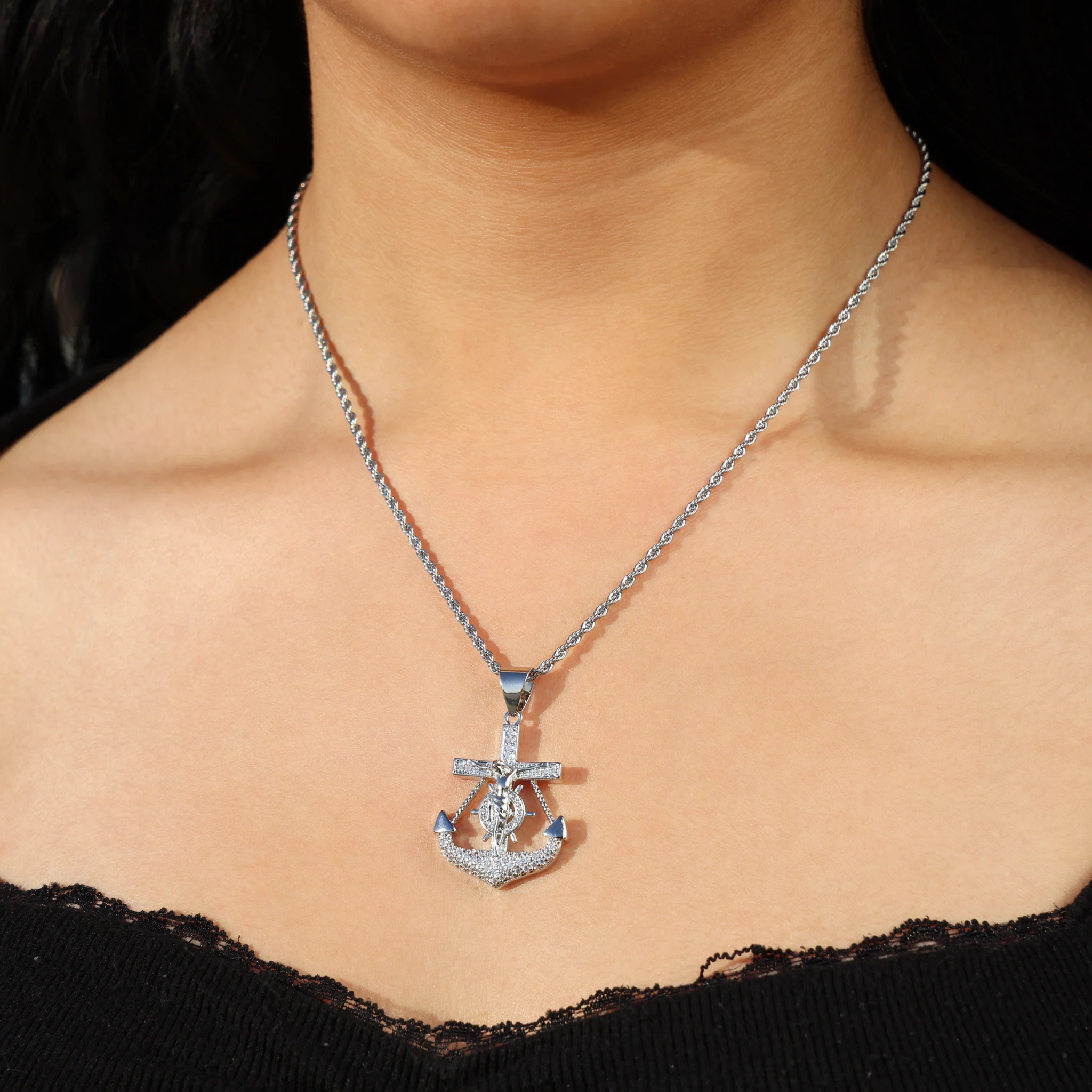 Icy Jesus Anchor Necklace - White Gold - Image 2
