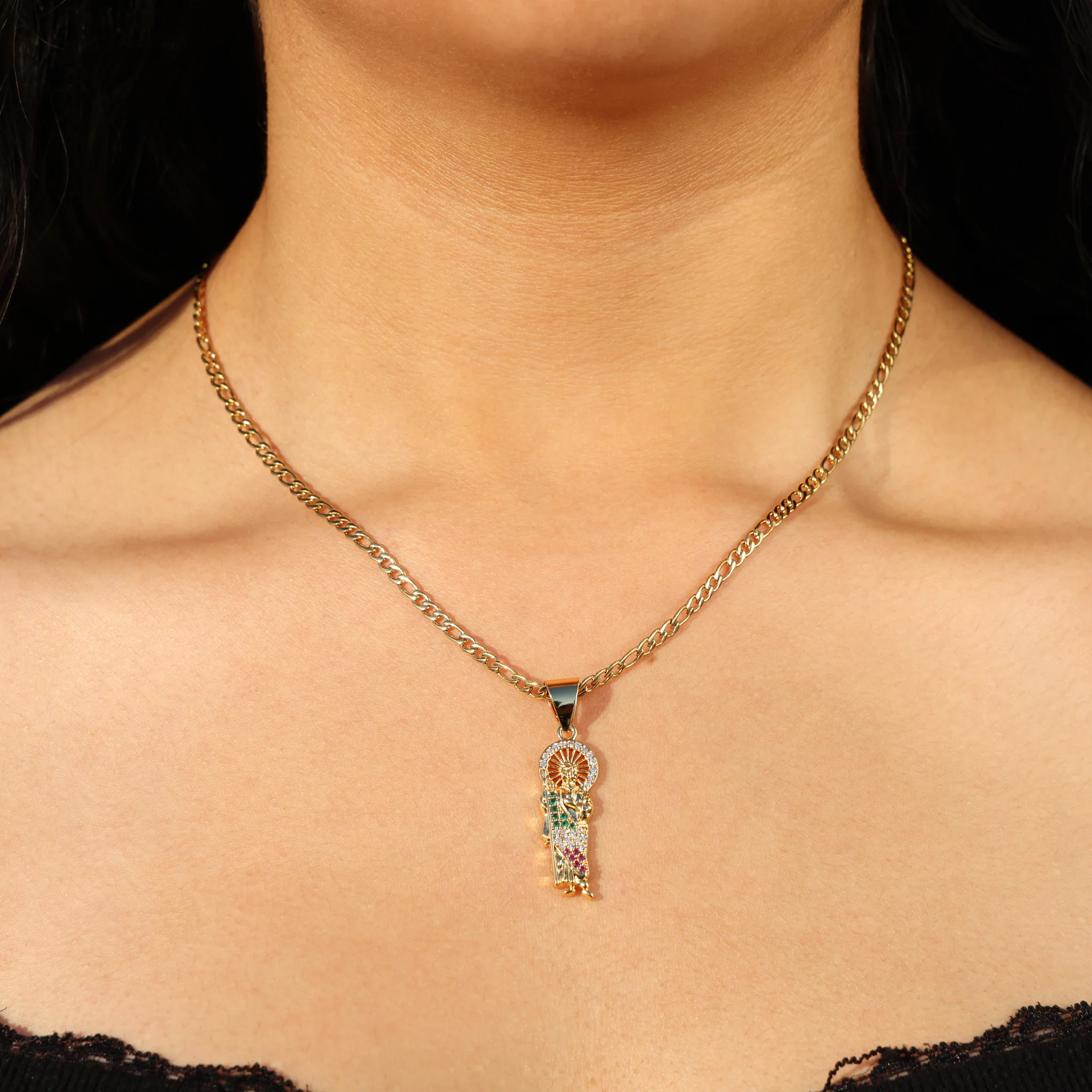 Small Iced 3 Color San Judas Necklace - Gold - Image 2