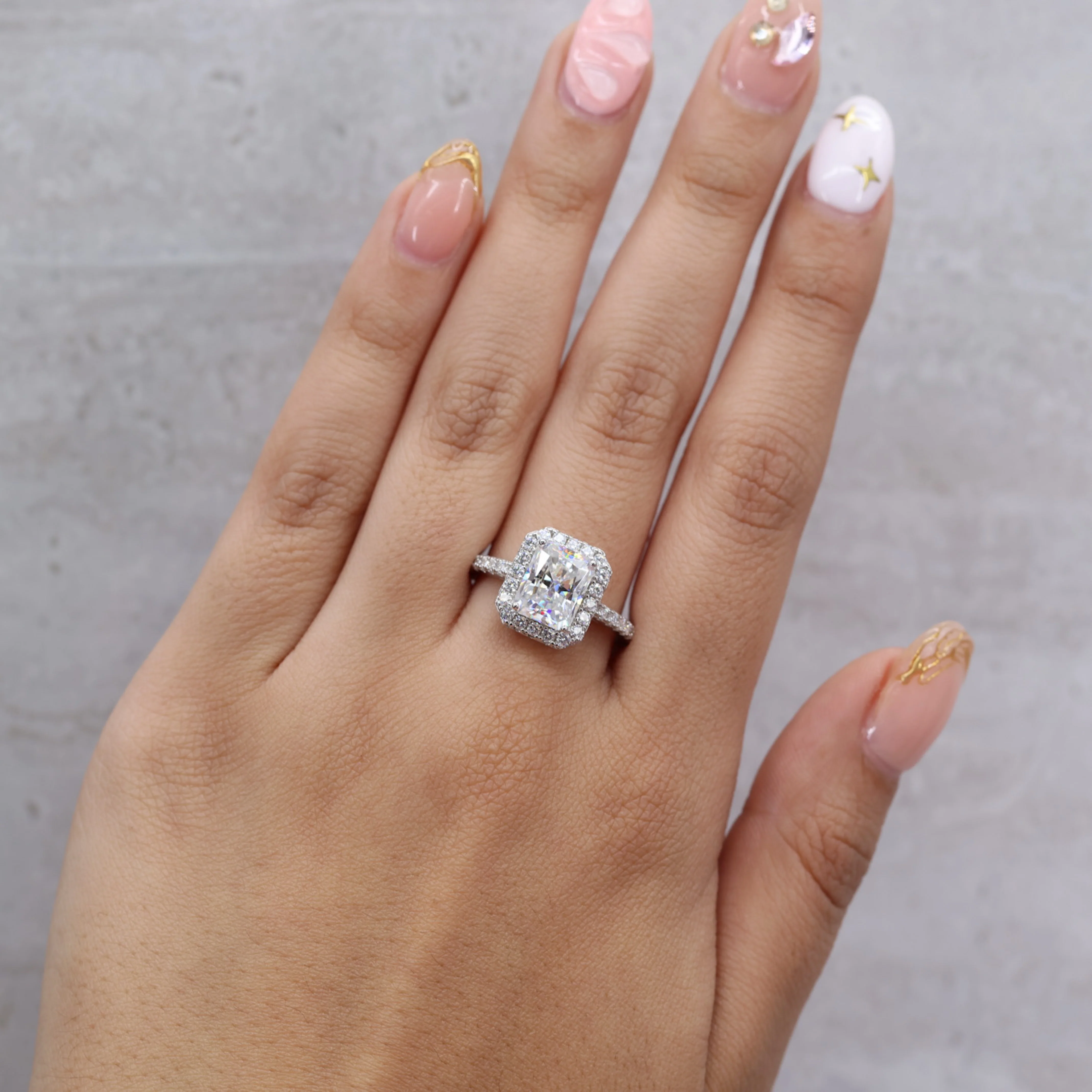 3ct Moissanite Radiant Cut Halo Ring - 925 Silver - Image 3