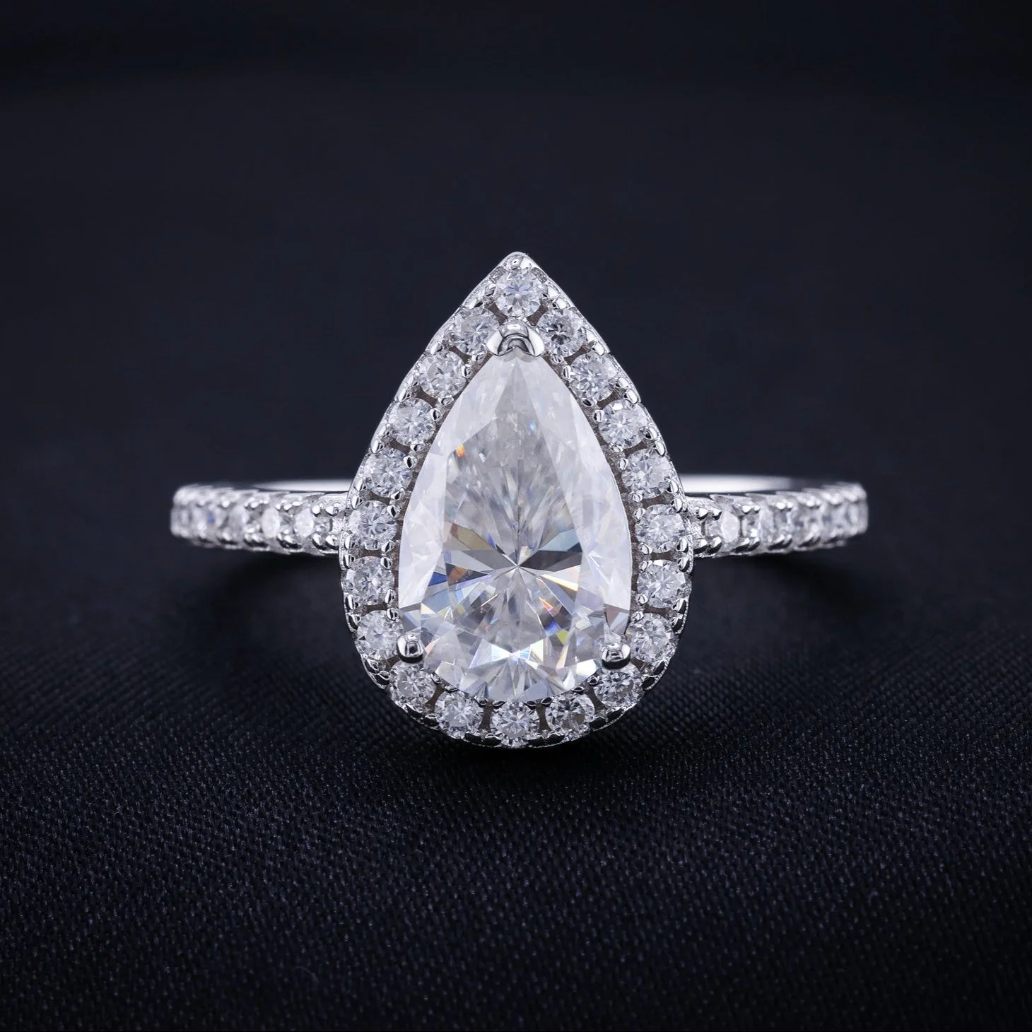 4ct Moissanite Pear Cut Halo Ring - 925 Silver