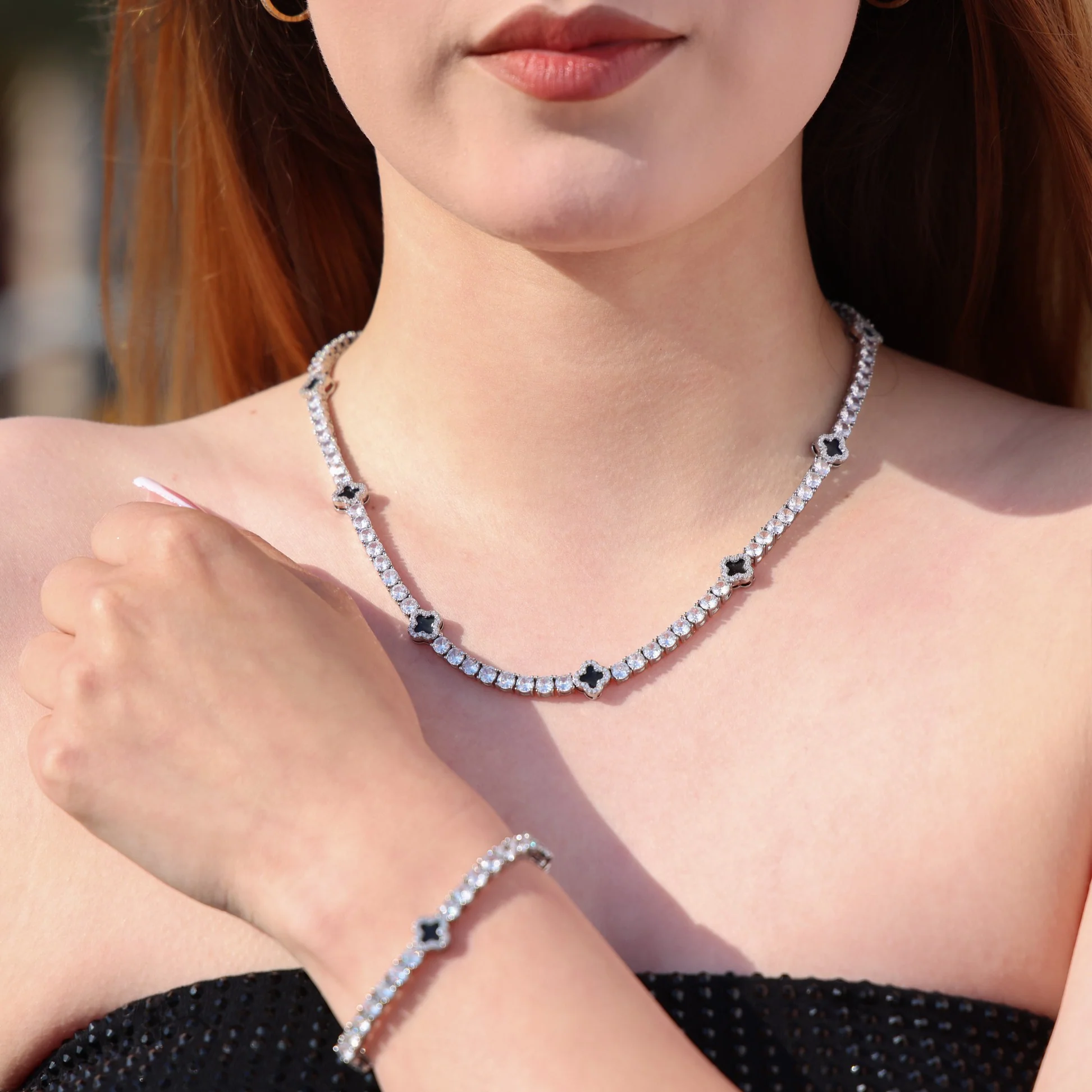 4mm Black Clover Tennis Necklace + Bracelet Bundle - White Gold