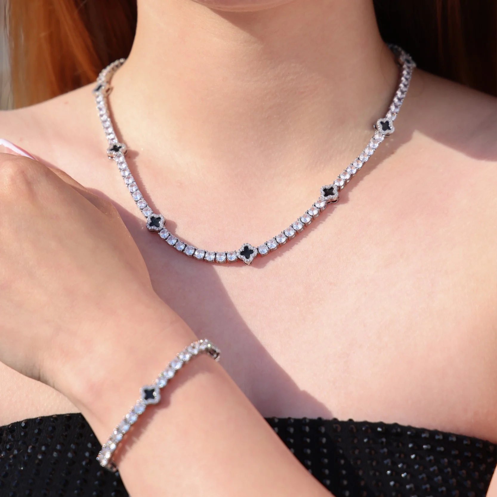 4mm Black Clover Tennis Necklace + Bracelet Bundle - White Gold - Image 2
