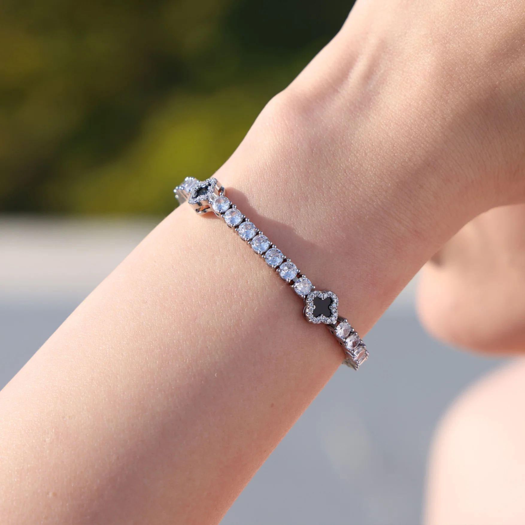 4mm Black Clover Tennis Necklace + Bracelet Bundle - White Gold - Image 3