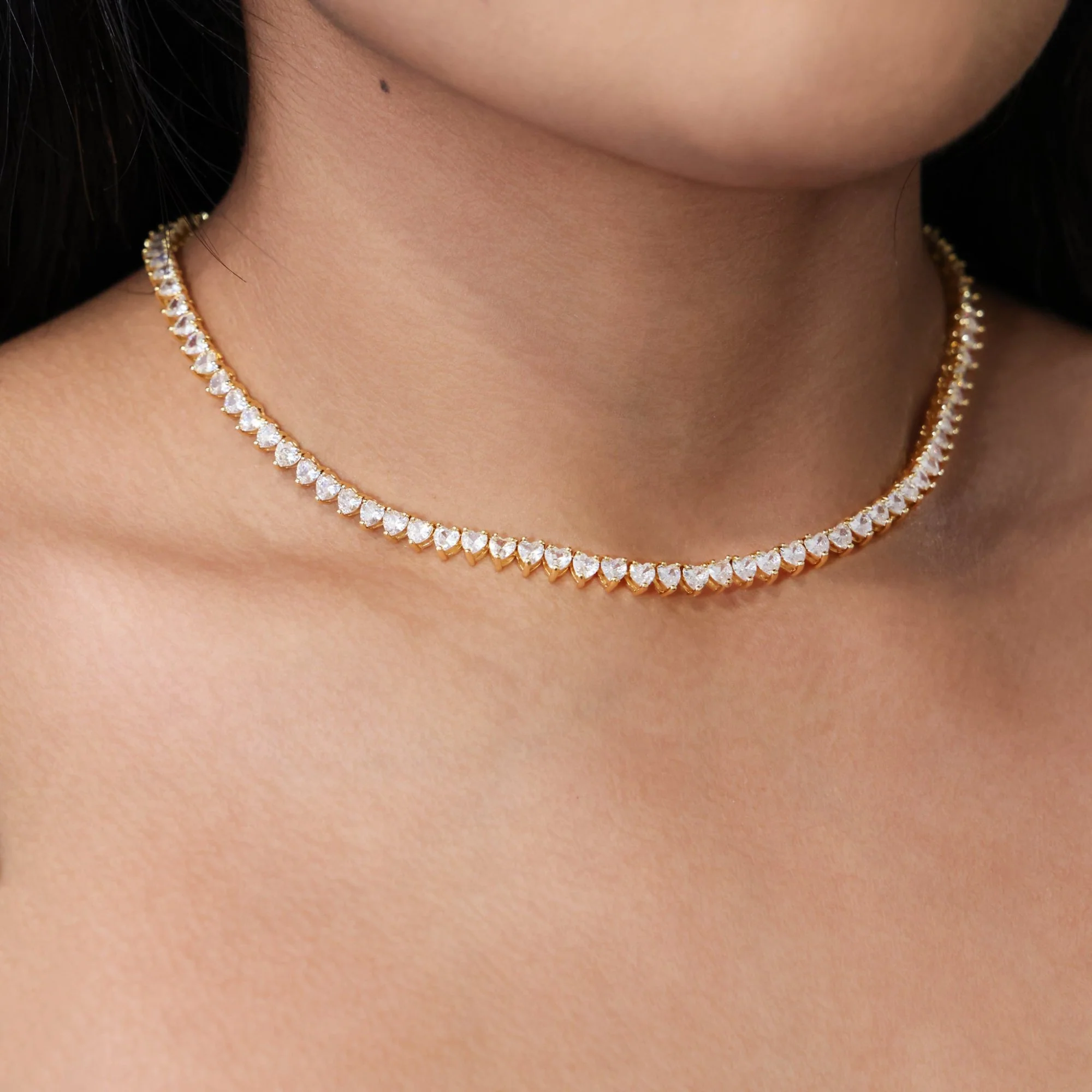 5mm Heart Tennis Necklace - Gold - Image 3