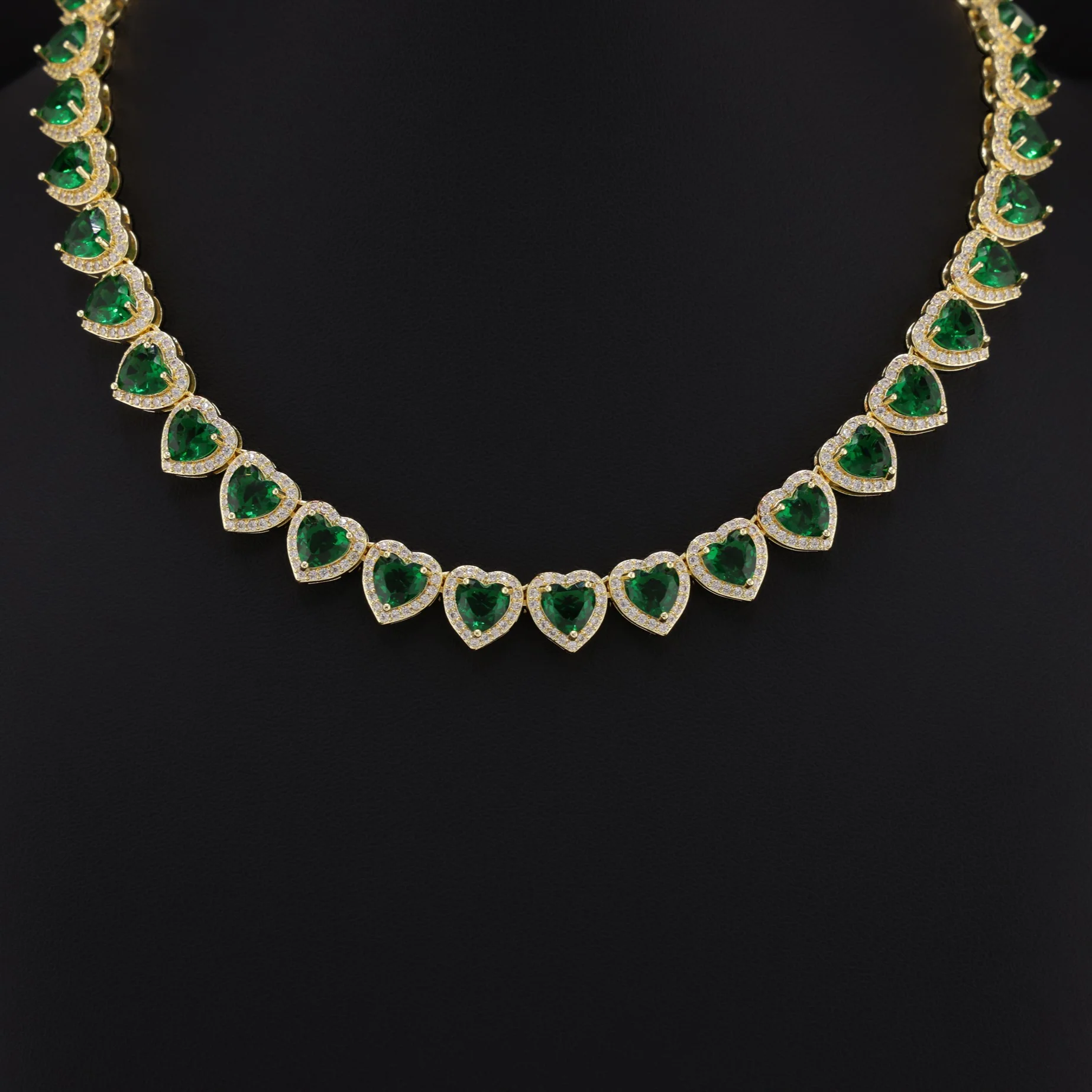 Emerald Heart Diamond Clustered Tennis Necklace - Gold - Image 2