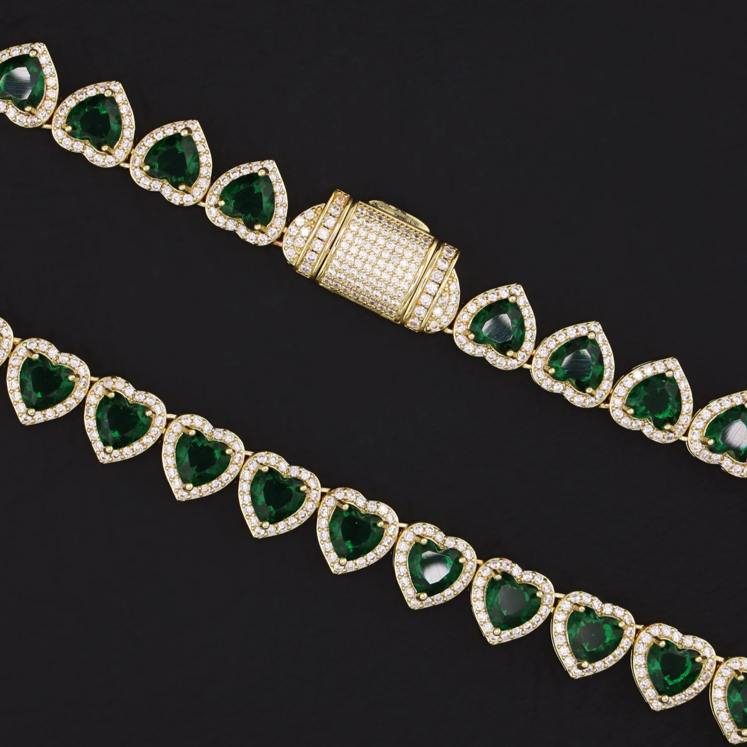 Emerald Heart Diamond Clustered Tennis Necklace - Gold - Image 3