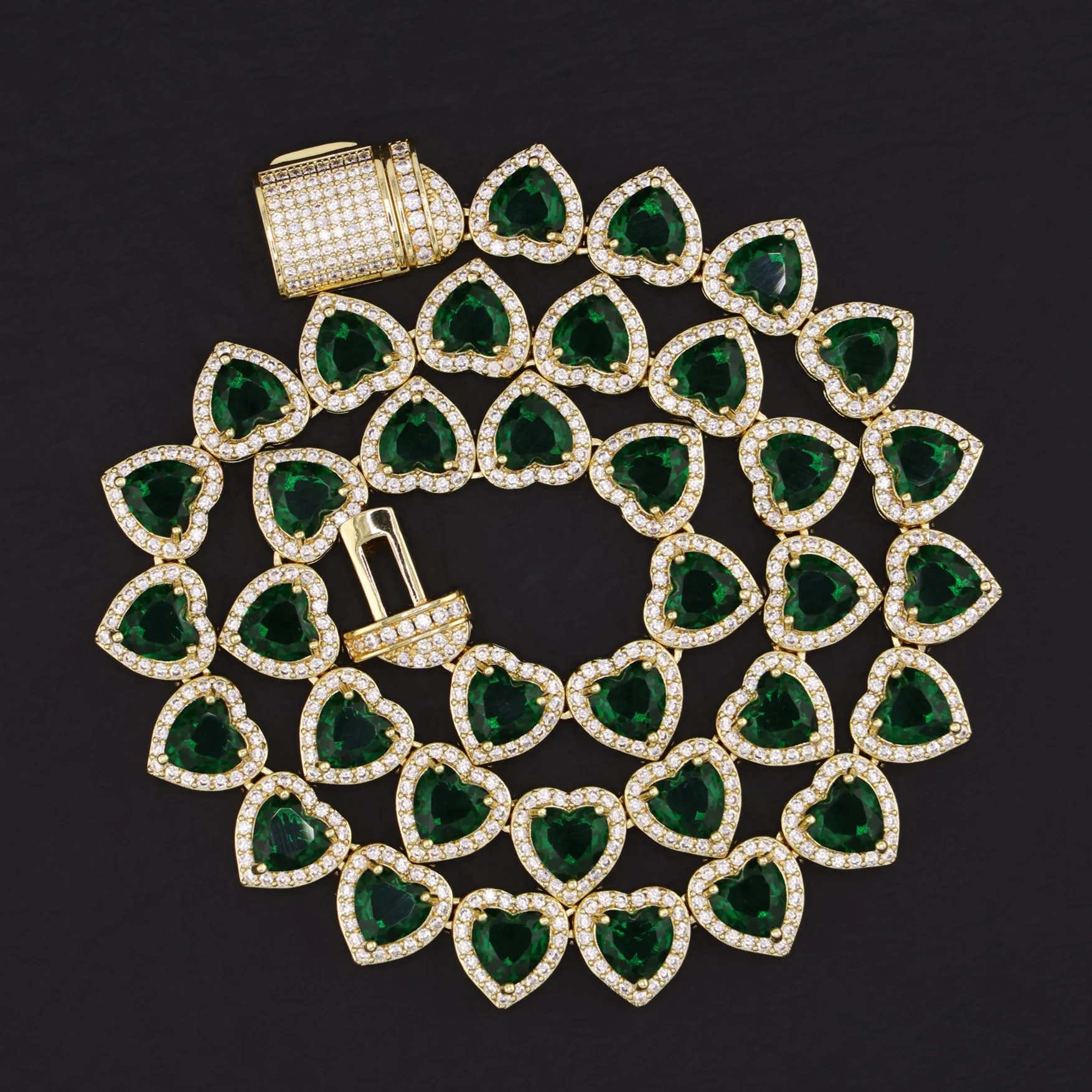 Emerald Heart Diamond Clustered Tennis Necklace - Gold - Image 4