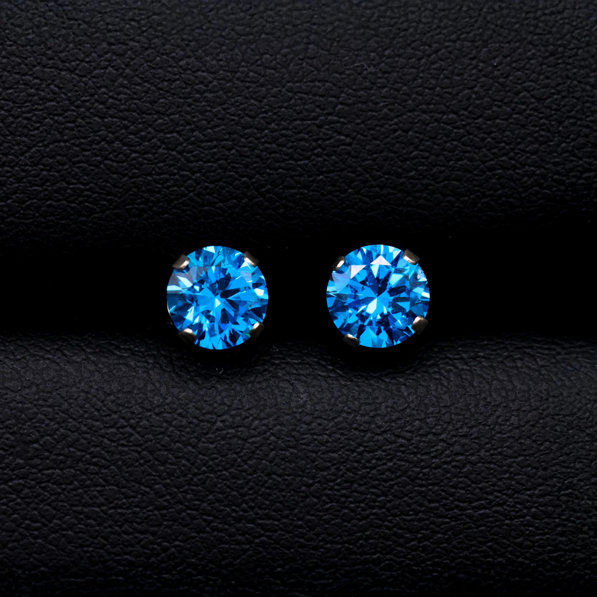 6mm Round Blue Topaz CZ Stud Earrings - 925 Silver