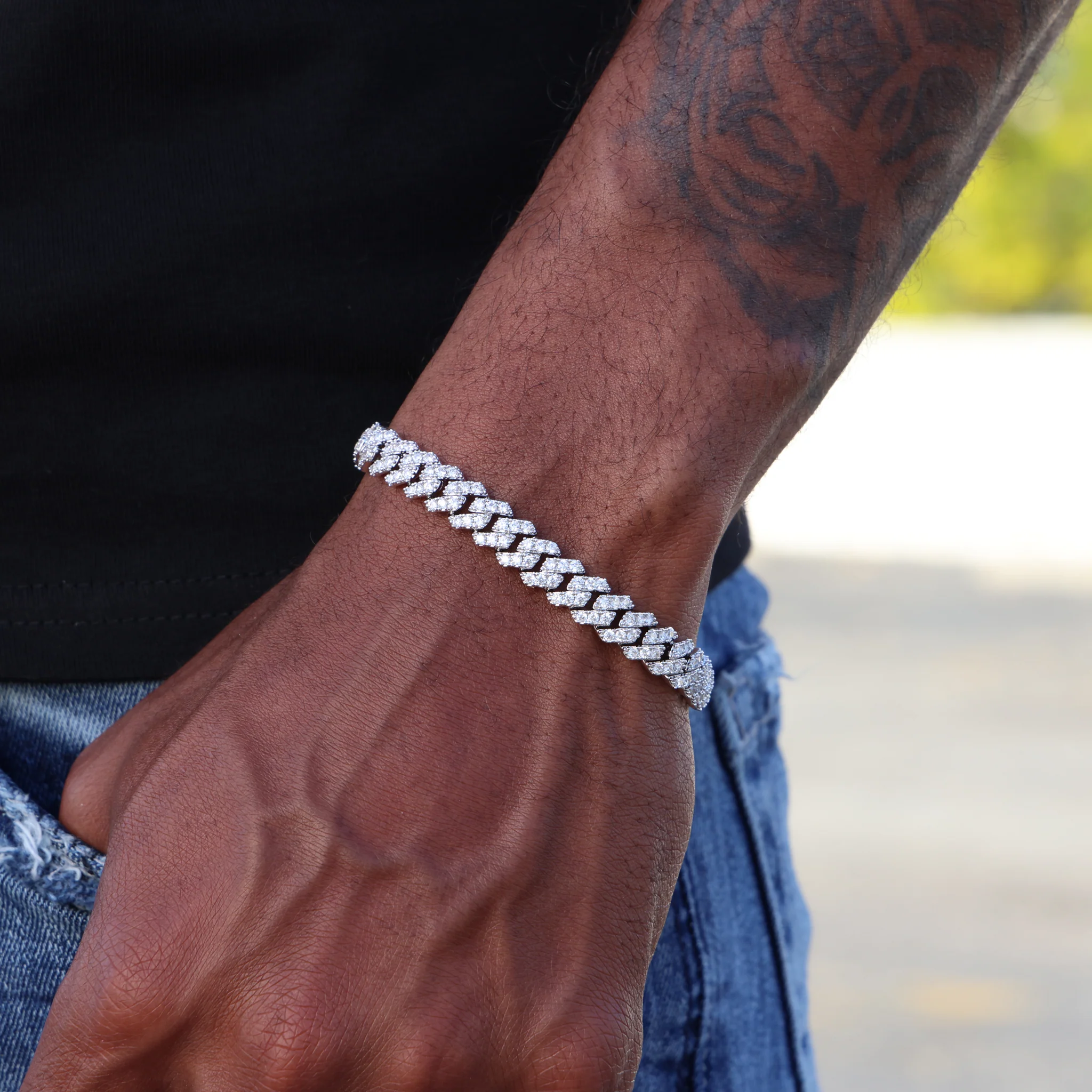 8mm Diamond Prong Link Cuban Bracelet - White Gold - Image 2