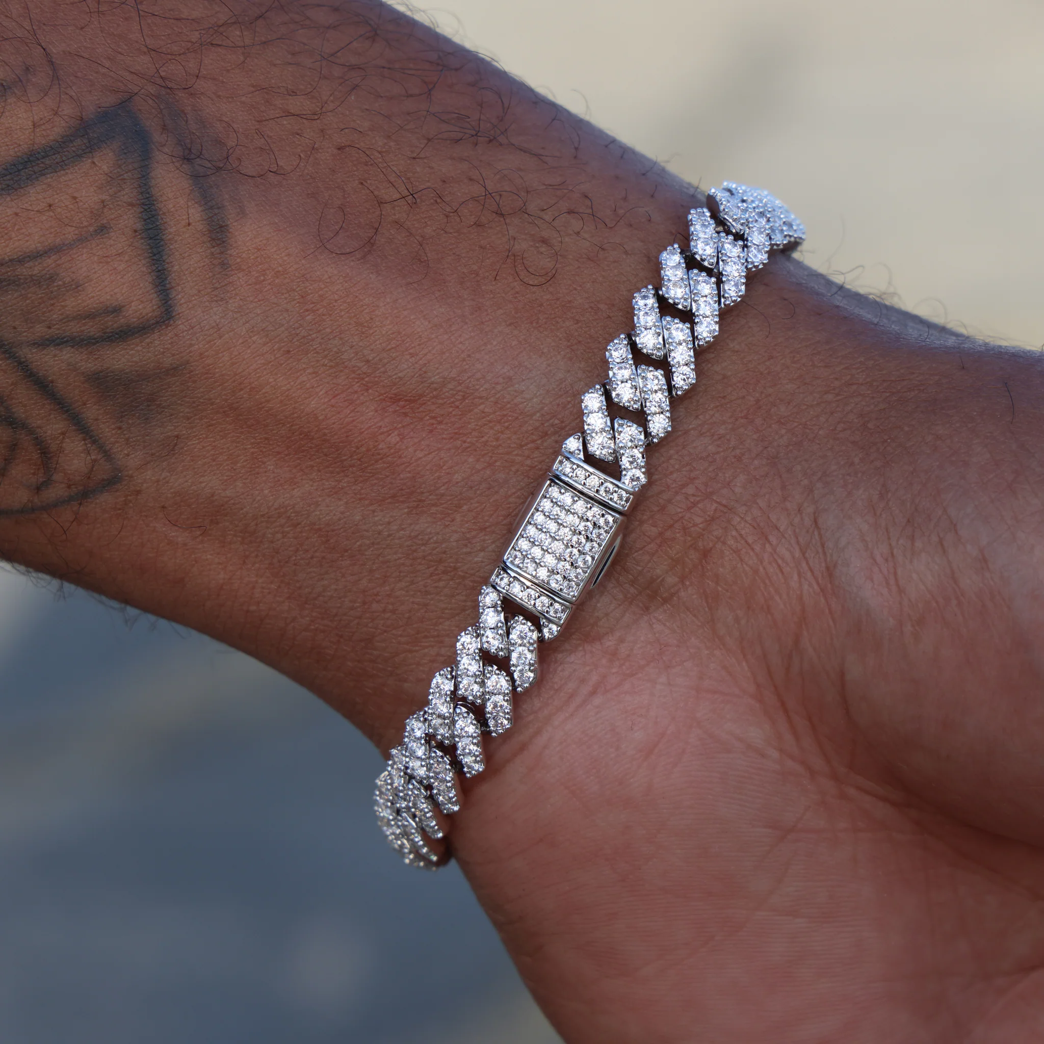 8mm Diamond Prong Link Cuban Bracelet - White Gold - Image 4