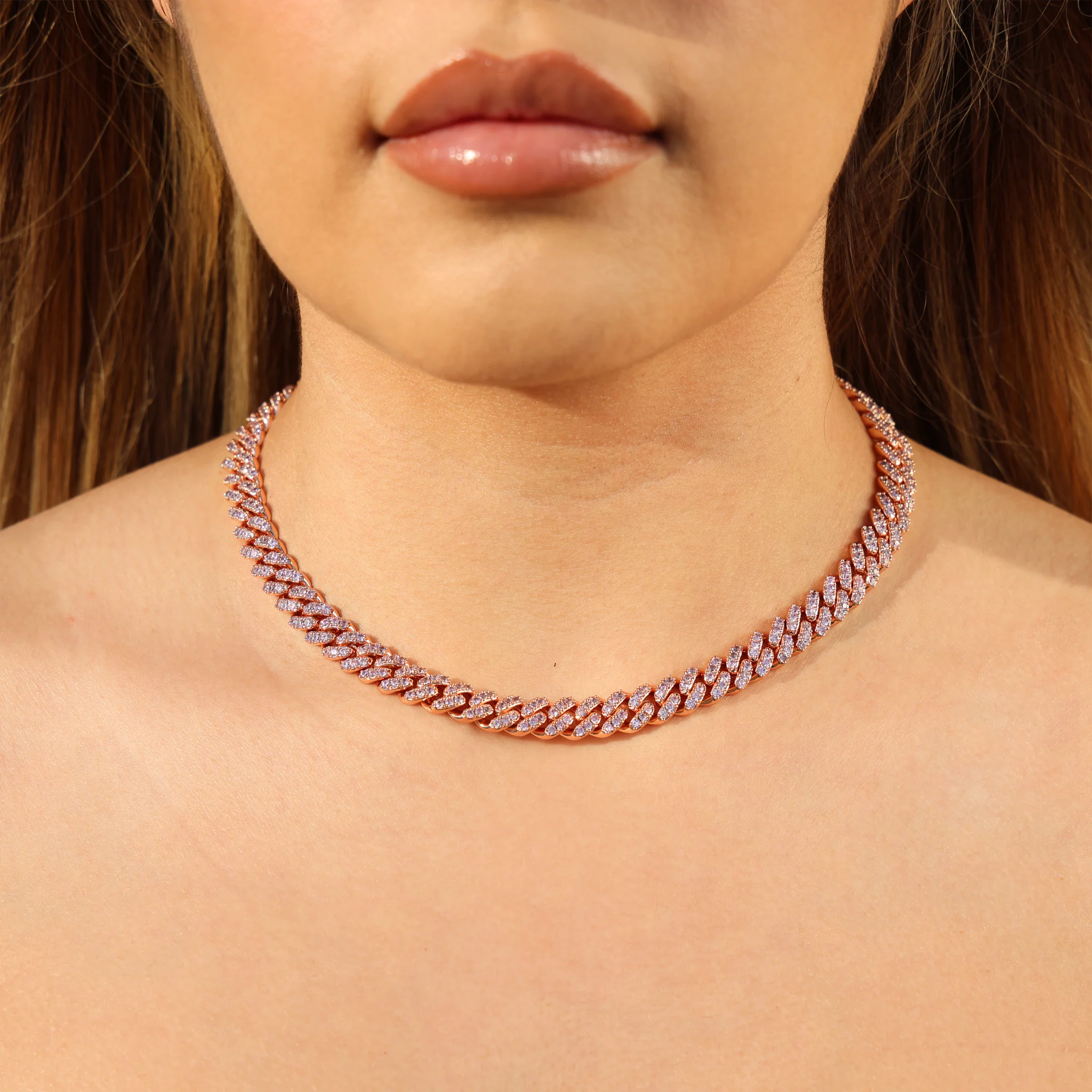 8mm Pink Iced Out Cuban Necklace + Bracelet Bundle - Rose Gold - Image 3