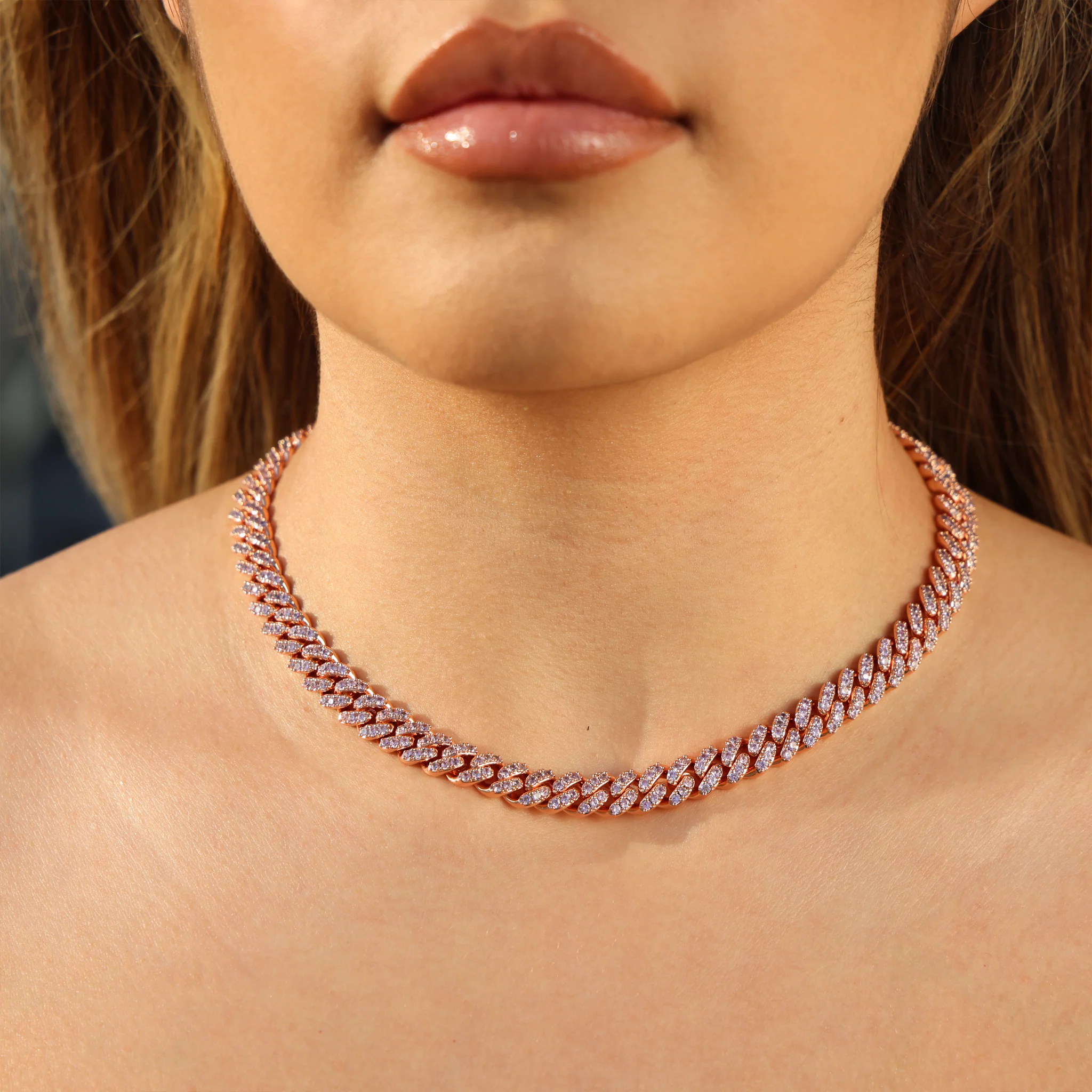 8mm Pink Iced Out Cuban Necklace + Bracelet Bundle - Rose Gold - Image 4