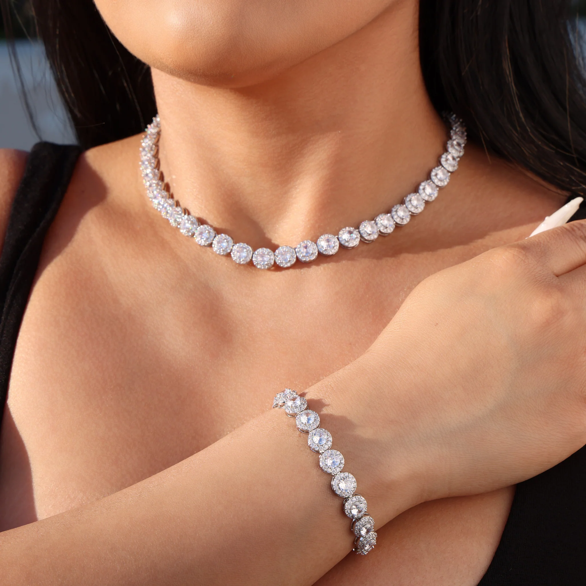 8mm Round Clustered Tennis Necklace + Bracelet Bundle - White Gold
