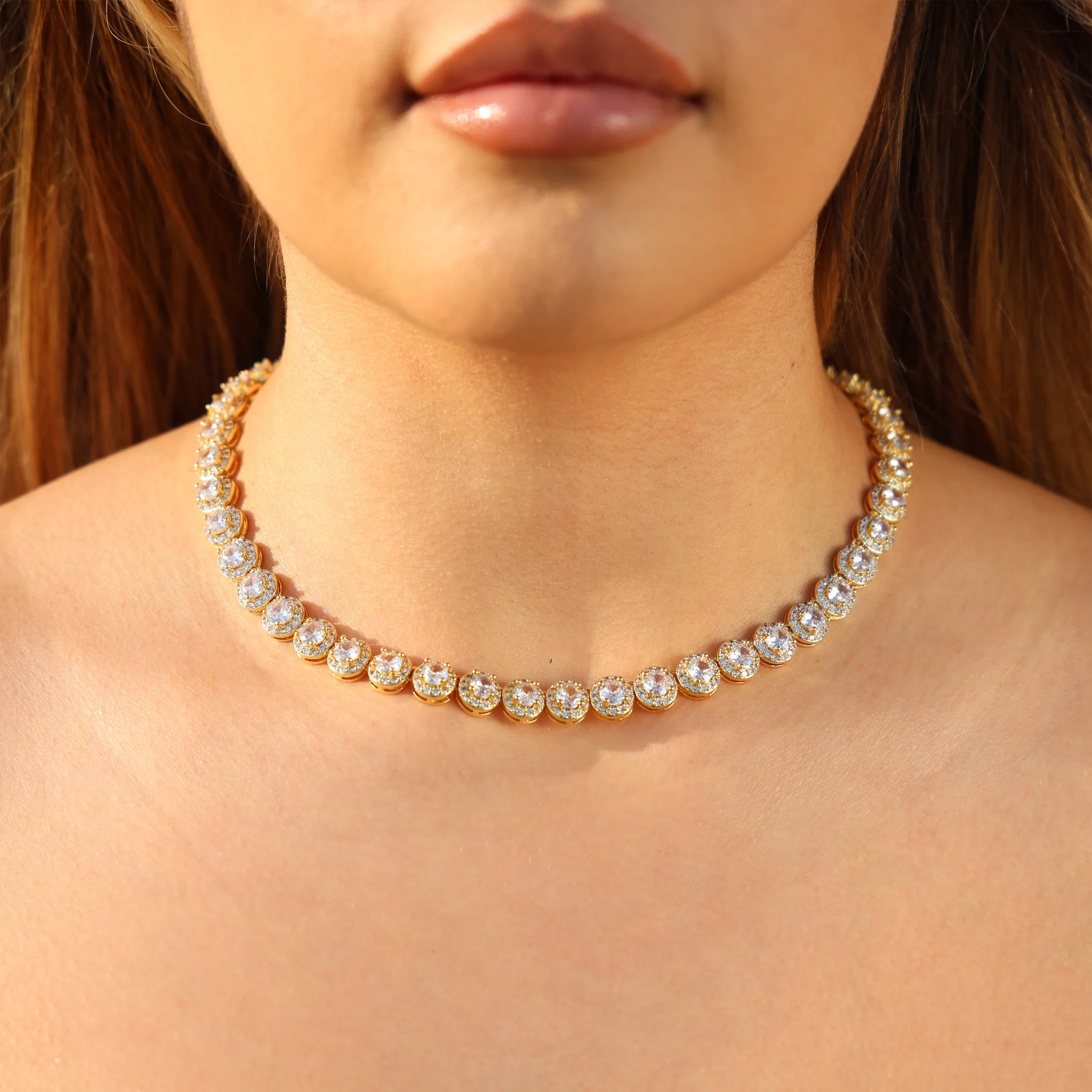 8mm Round Clustered Tennis Necklace - Gold