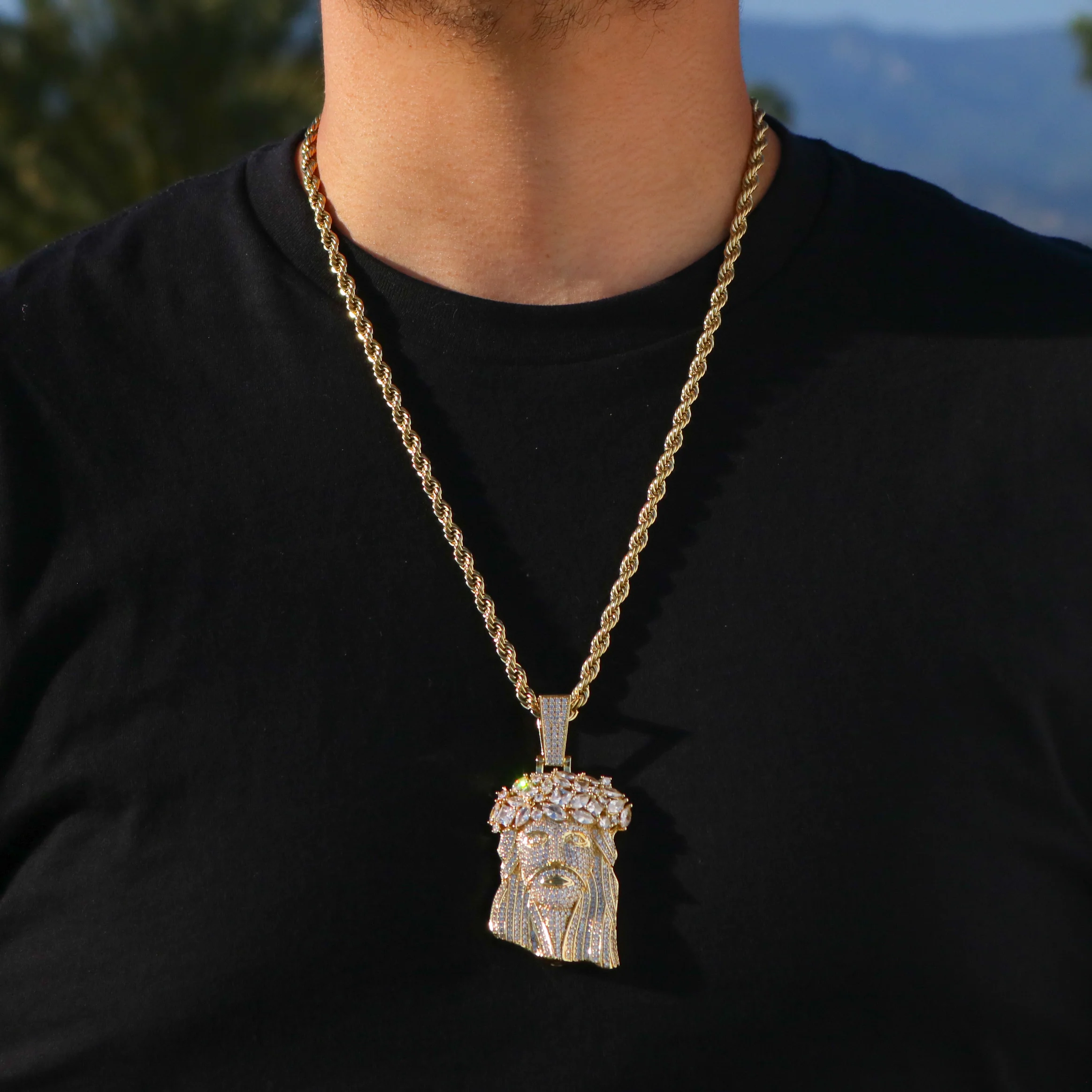 Big Gemstone Jesus Pendant - Gold - Image 3