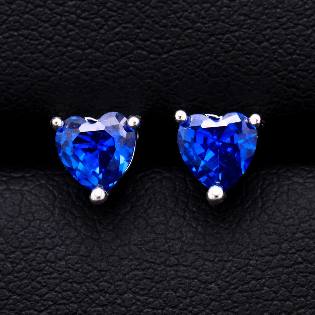 Blue Sapphire Heart Cut Diamond Stud Earrings - 925 Silver