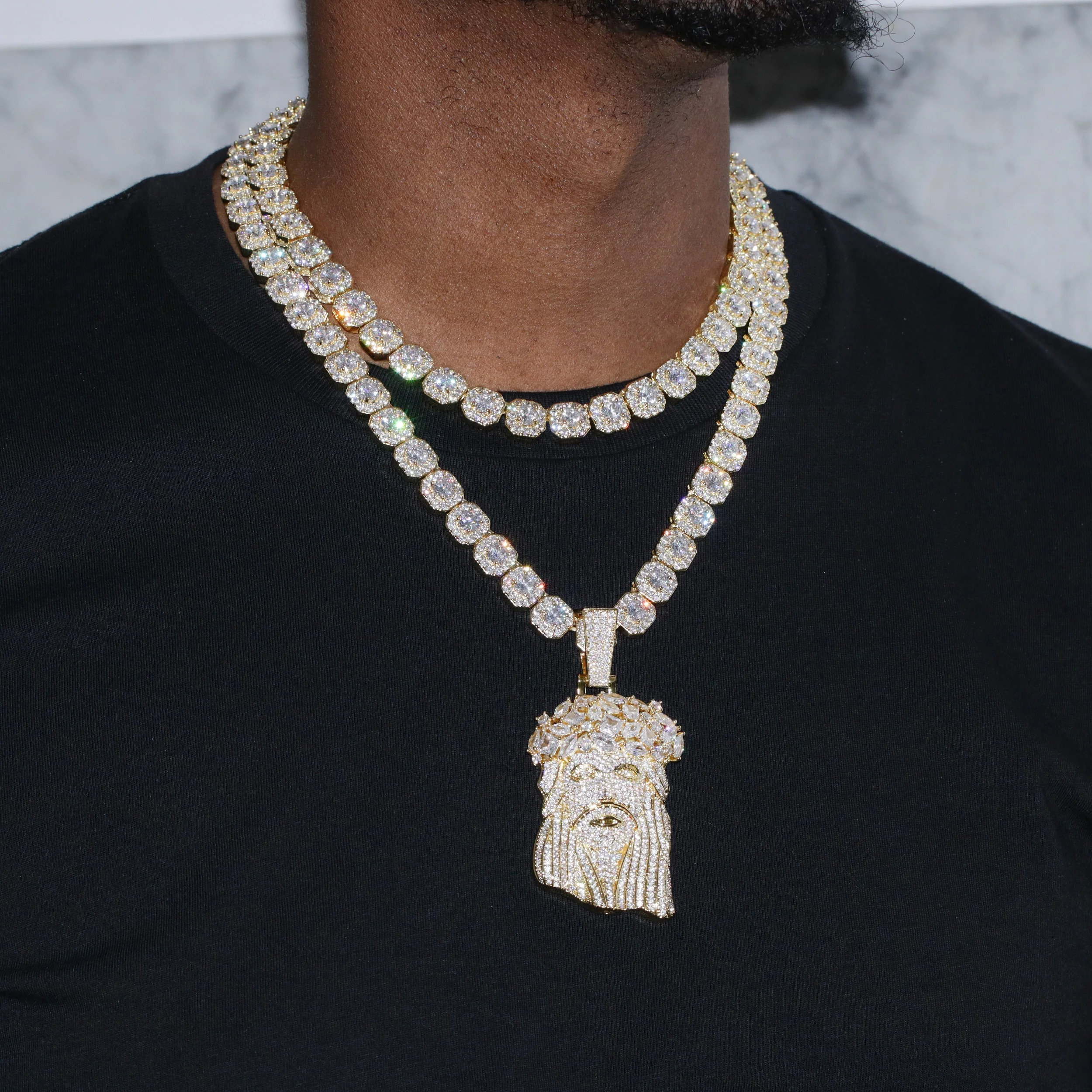 Clustered Tennis Gemstone Jesus Pendant Layered Set - Gold - Image 3