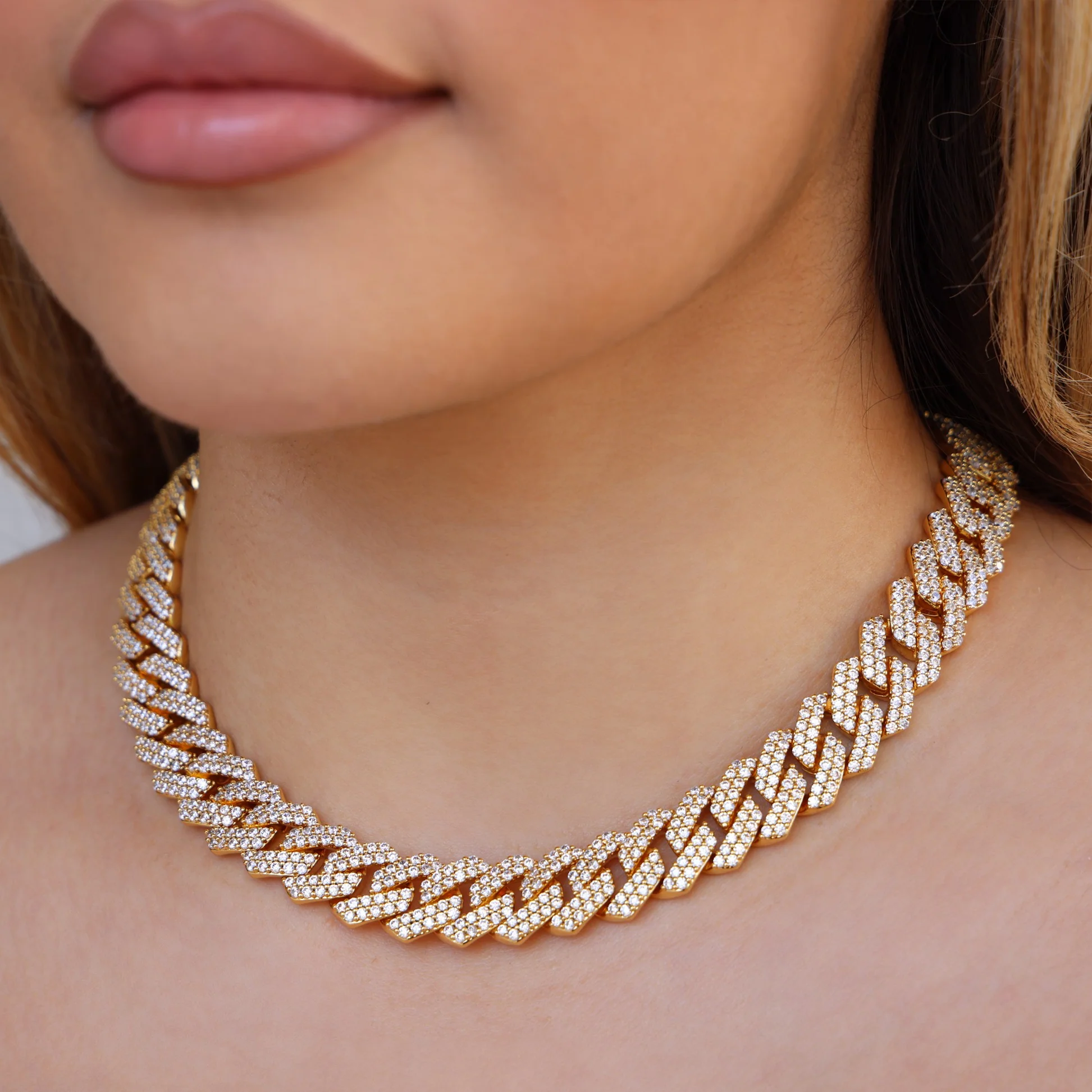 13mm Diamond Prong link Cuban Necklace - Gold - Image 3