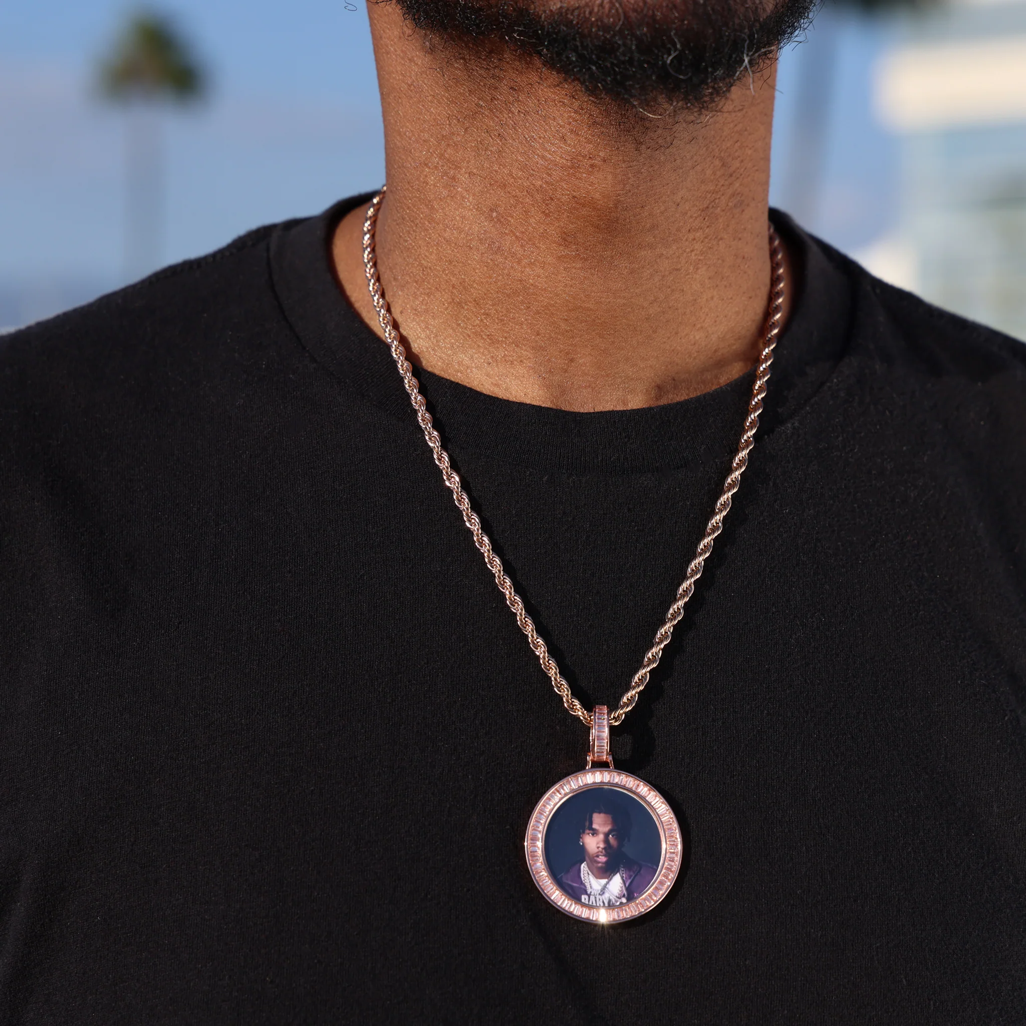 Custom Baguette Circle Photo Pendant - Rose Gold - Image 3