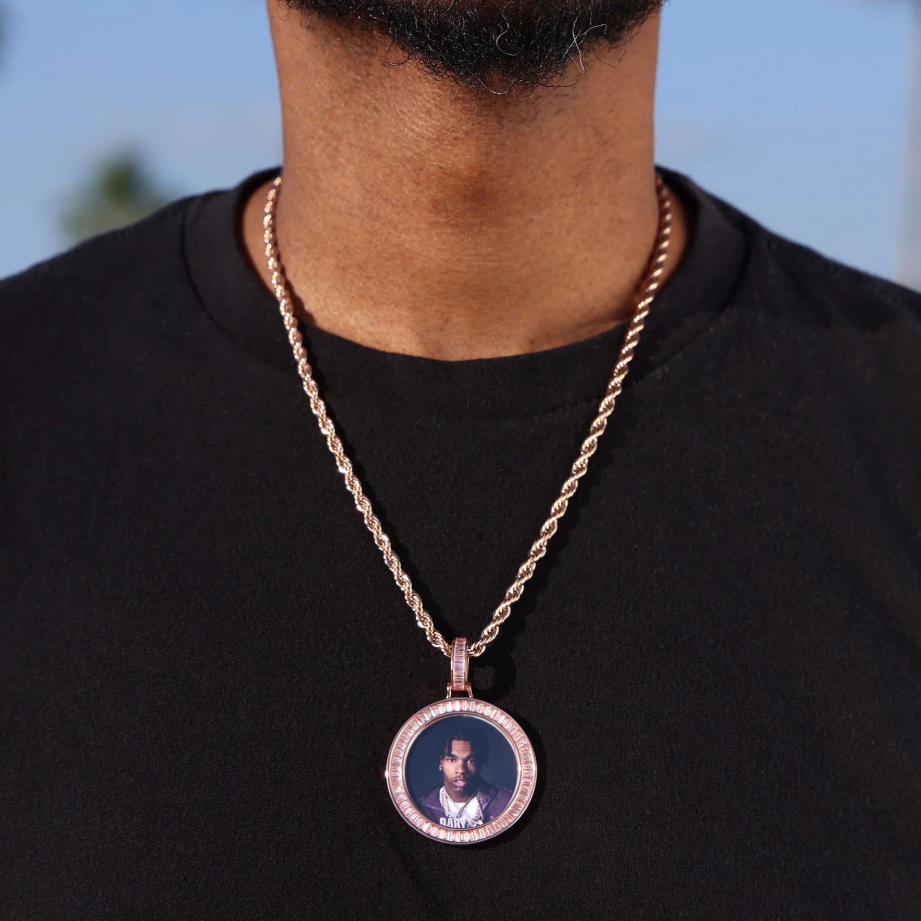 Custom Baguette Circle Photo Pendant - Rose Gold - Image 4