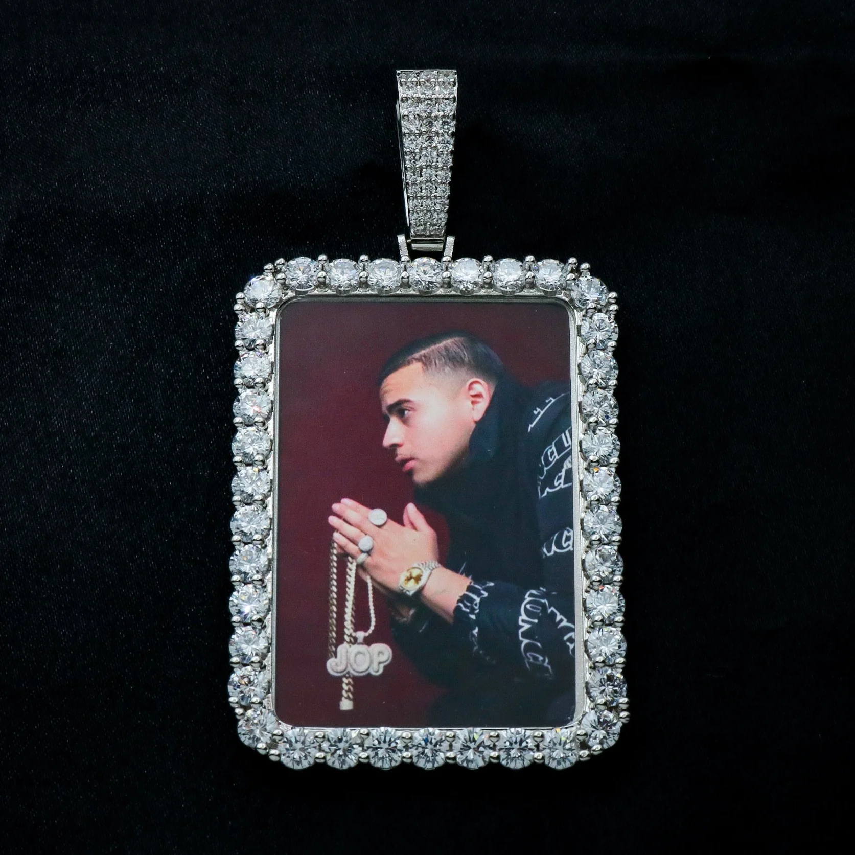 Custom Rectangle Photo Pendant - White Gold