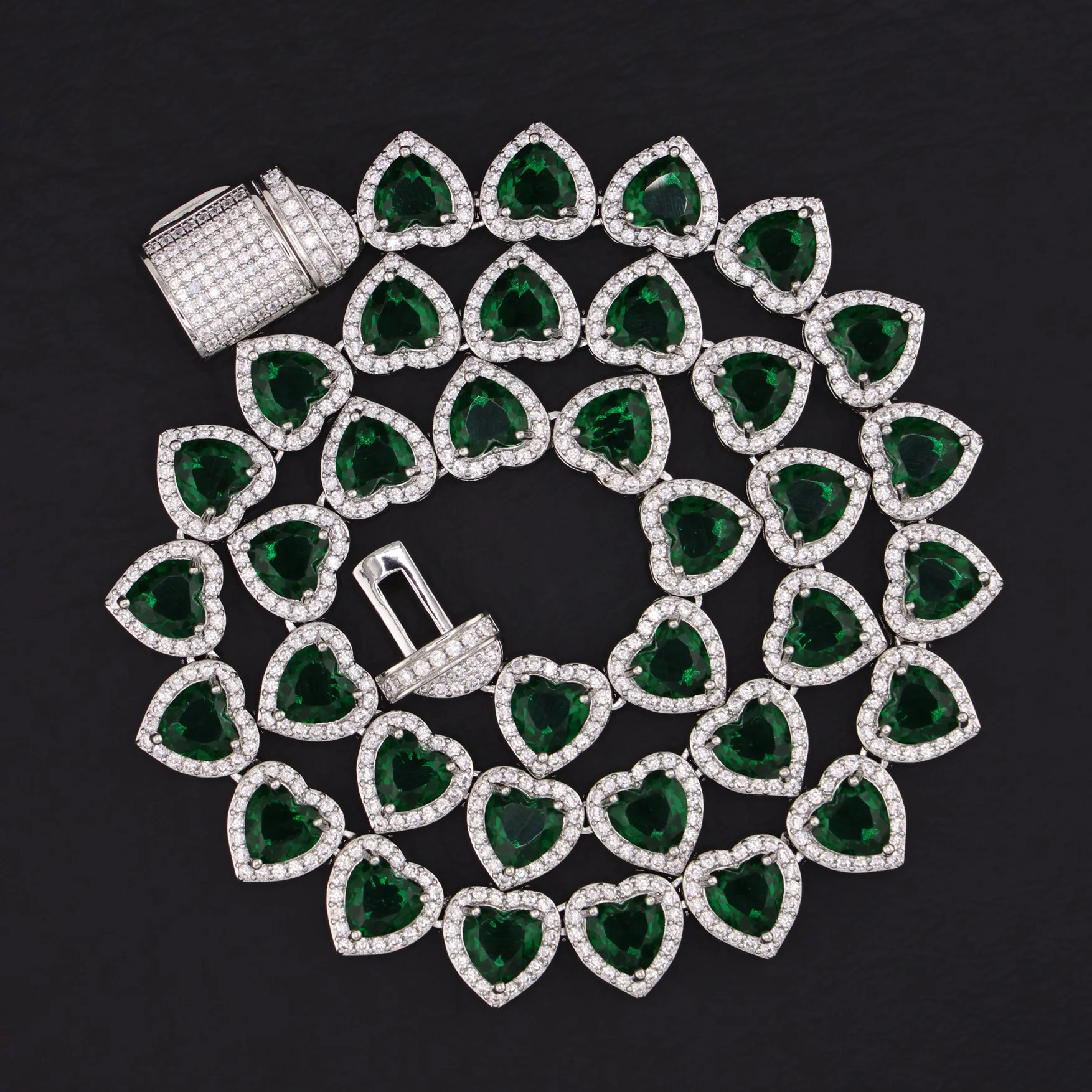 Emerald Heart Diamond Clustered Tennis Necklace - White Gold - Image 4