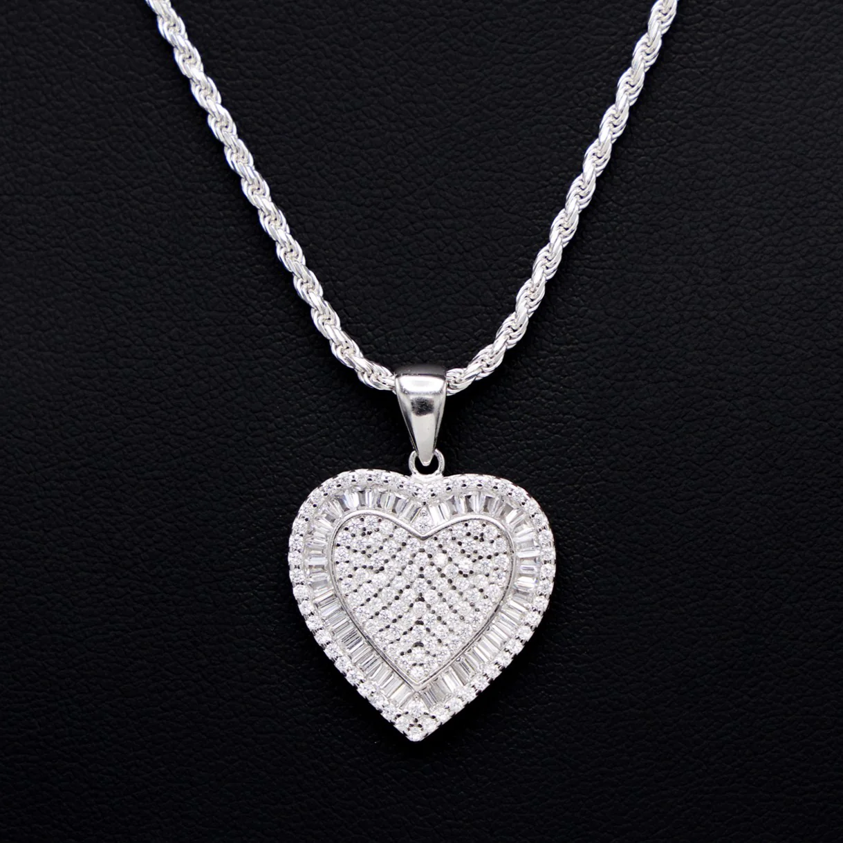 Fully Iced out Baguette Heart Pendant - 925 Silver - Image 2