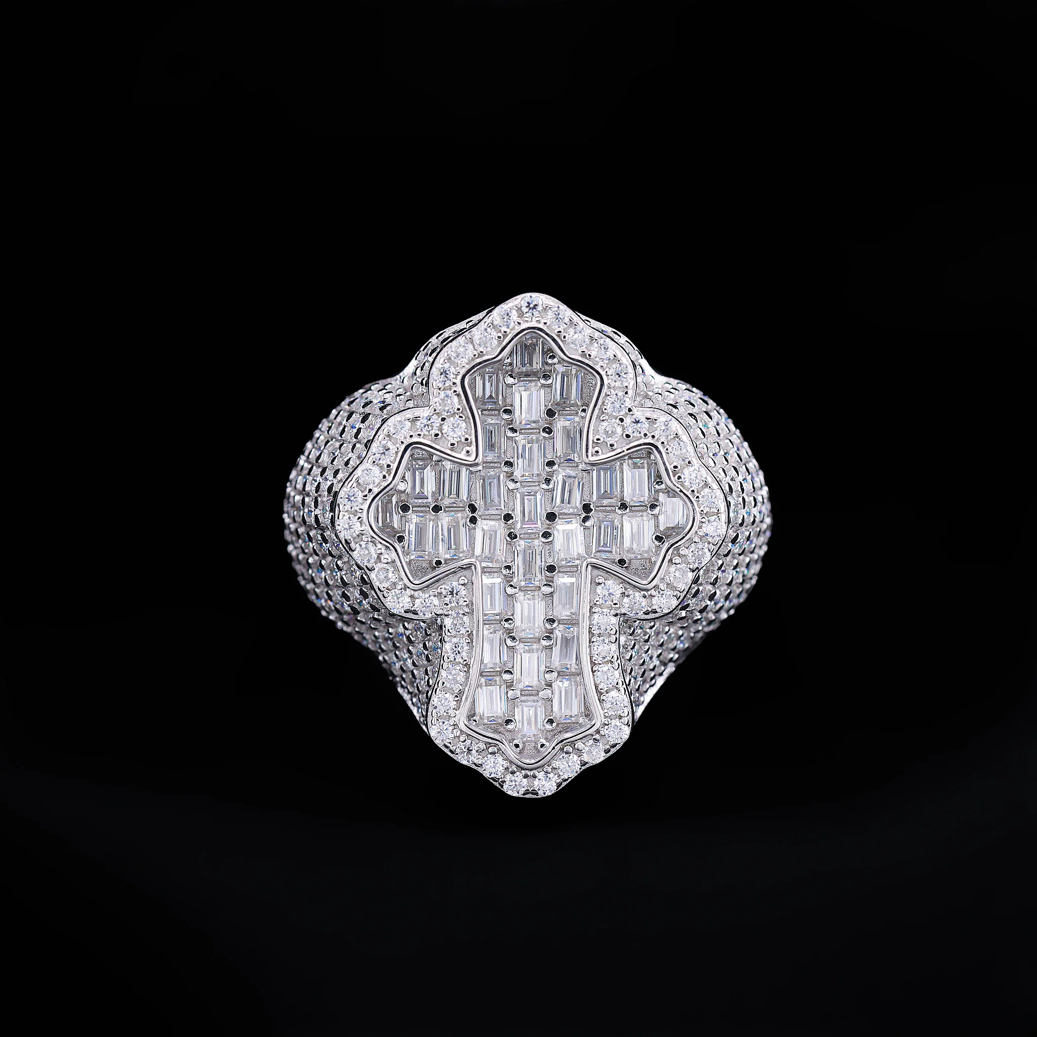 Moissanite Fully Iced Baguette Budded Cross Ring - 925 Silver