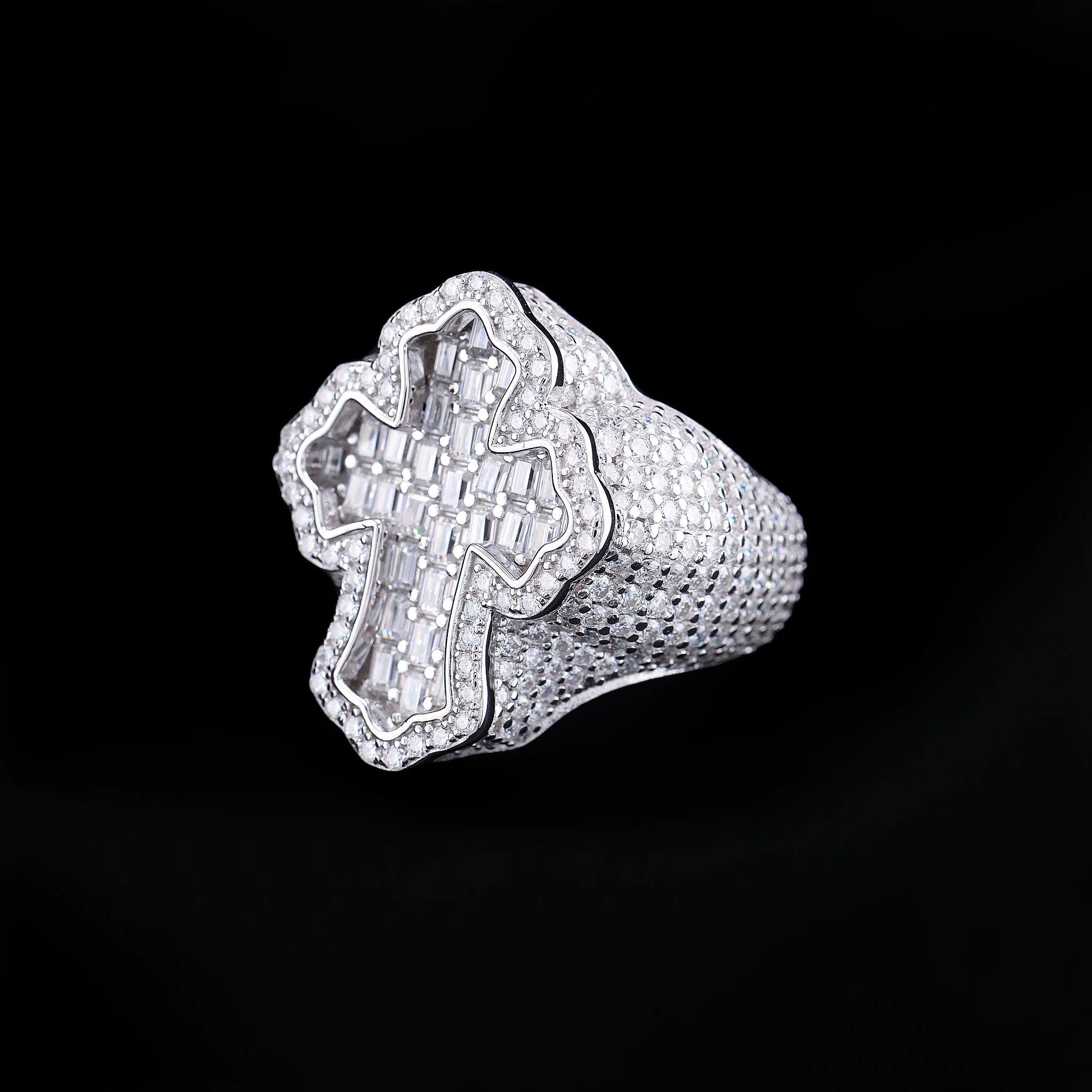 Moissanite Fully Iced Baguette Budded Cross Ring - 925 Silver - Image 2
