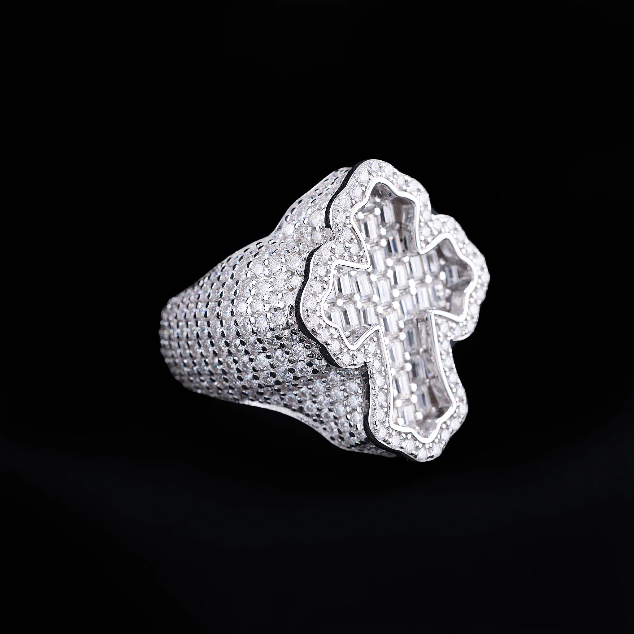 Moissanite Fully Iced Baguette Budded Cross Ring - 925 Silver - Image 3