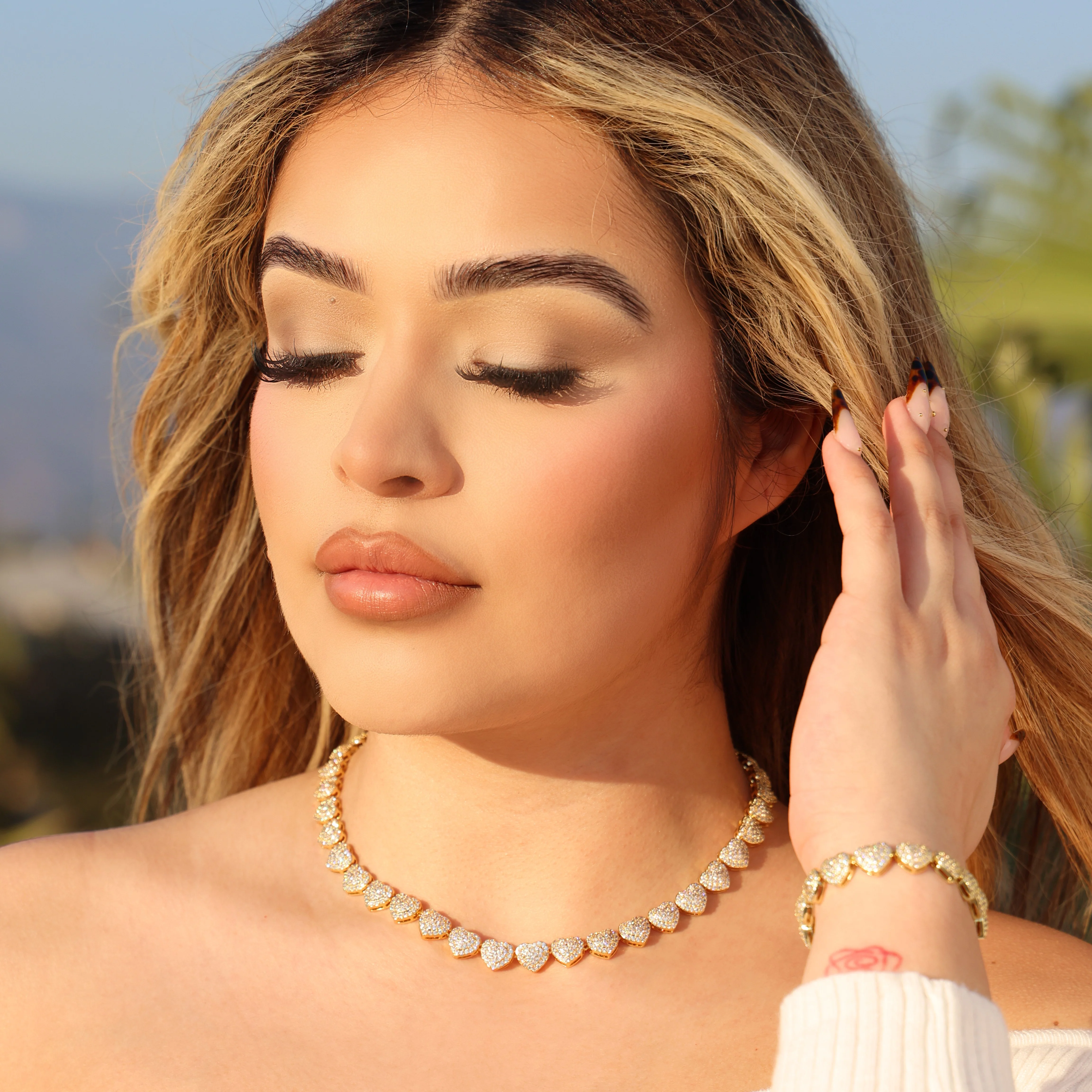 Fully Iced out Heart Necklace + Bracelet Bundle - Gold - Image 2