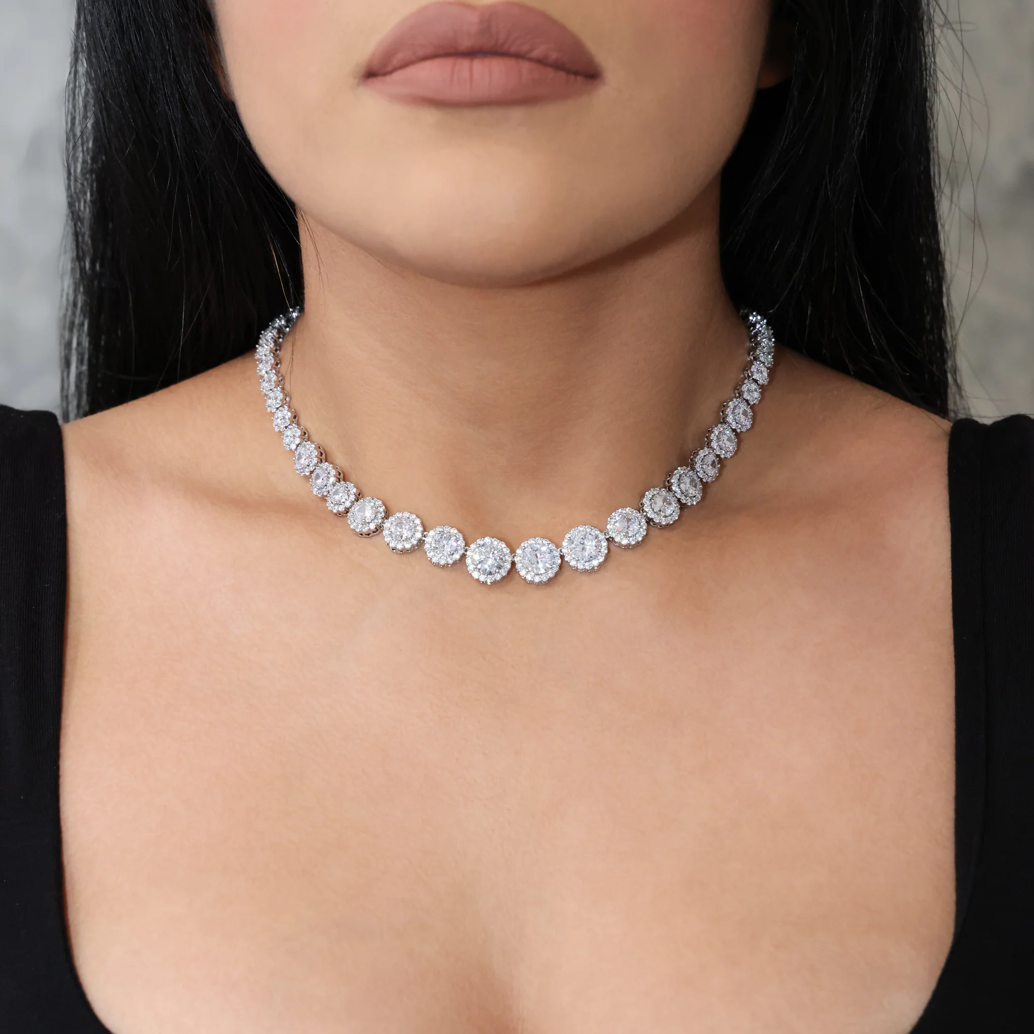 Graduated Round Clustered Tennis Necklace - White Gold - Image 2