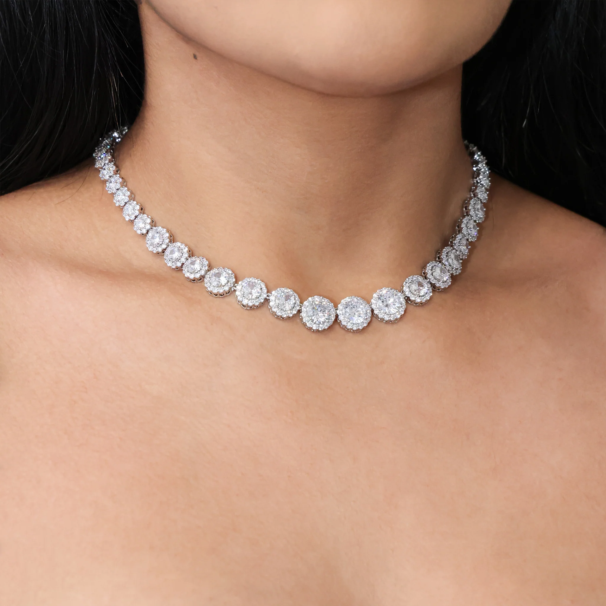 Graduated Round Clustered Tennis Necklace - White Gold - Image 3