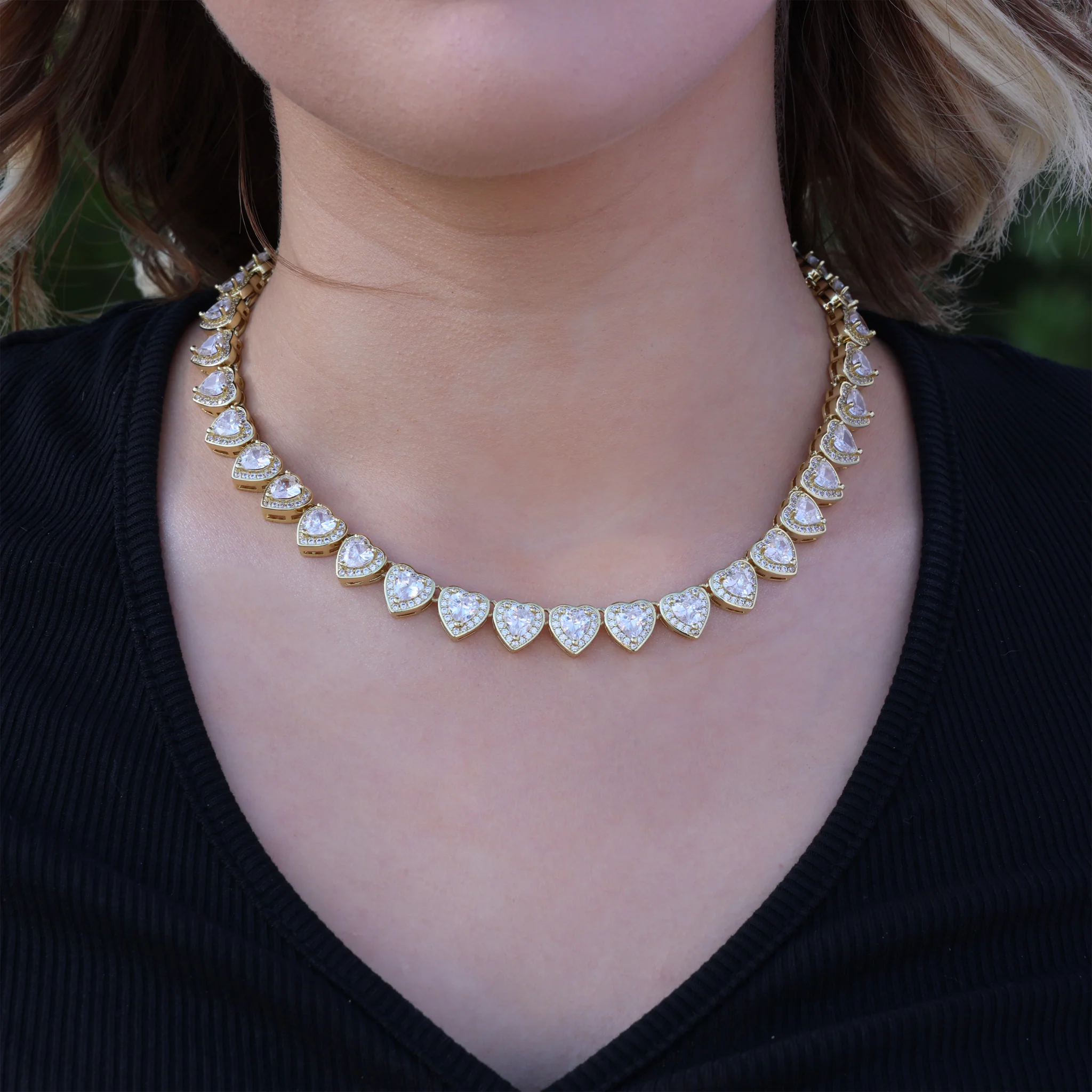 Heart Diamond Clustered Tennis Necklace - Gold - Image 2