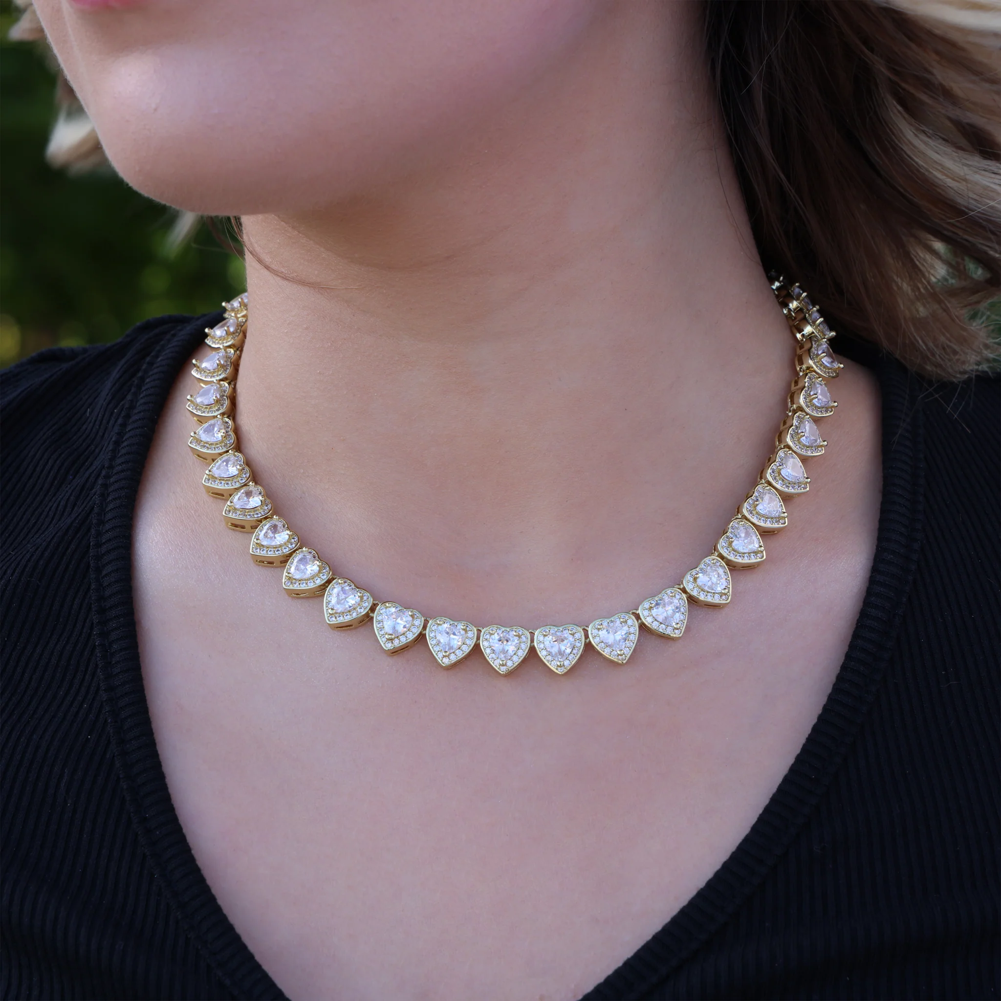 Heart Diamond Clustered Tennis Necklace - Gold - Image 3