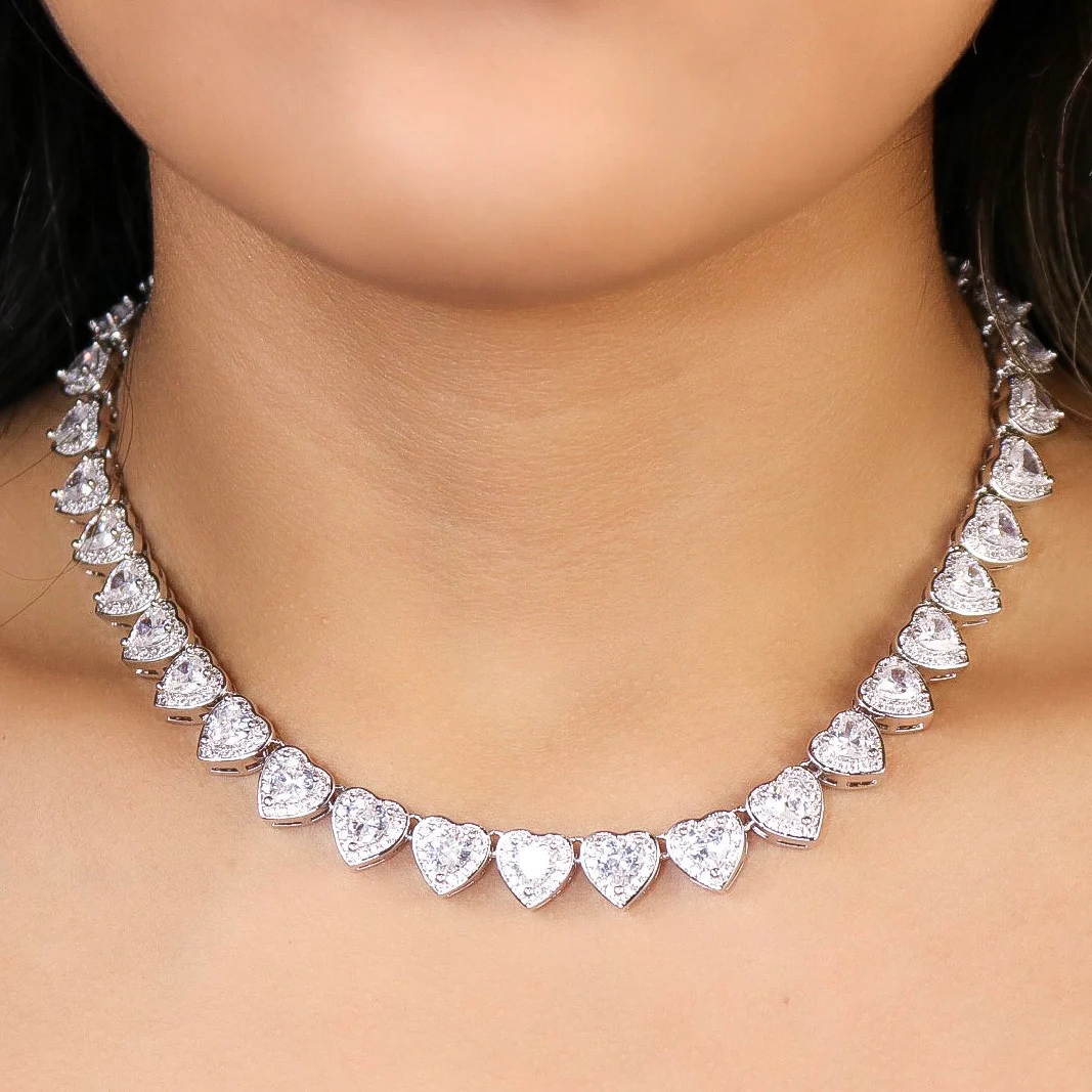 Heart Diamond Clustered Tennis Necklace - White Gold - Image 3
