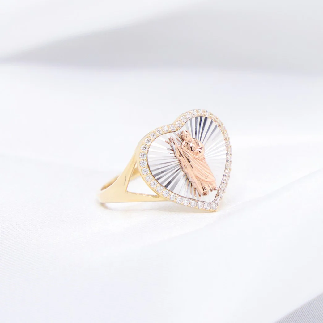 Iced 3 Tone San Judas Heart Ring - 14k Gold - Image 2