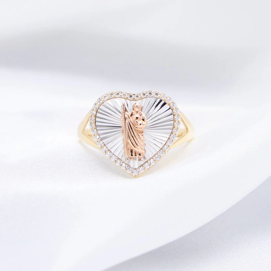 Iced 3 Tone San Judas Heart Ring - 14k Gold - Image 4