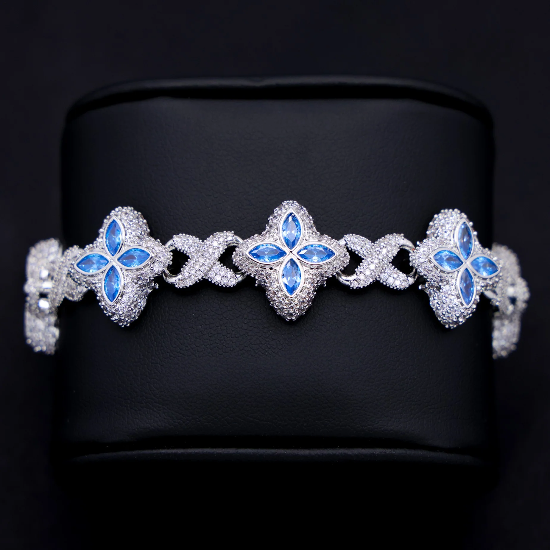 Iced Aqua Blue Clover Link Bracelet - White Gold - Image 3