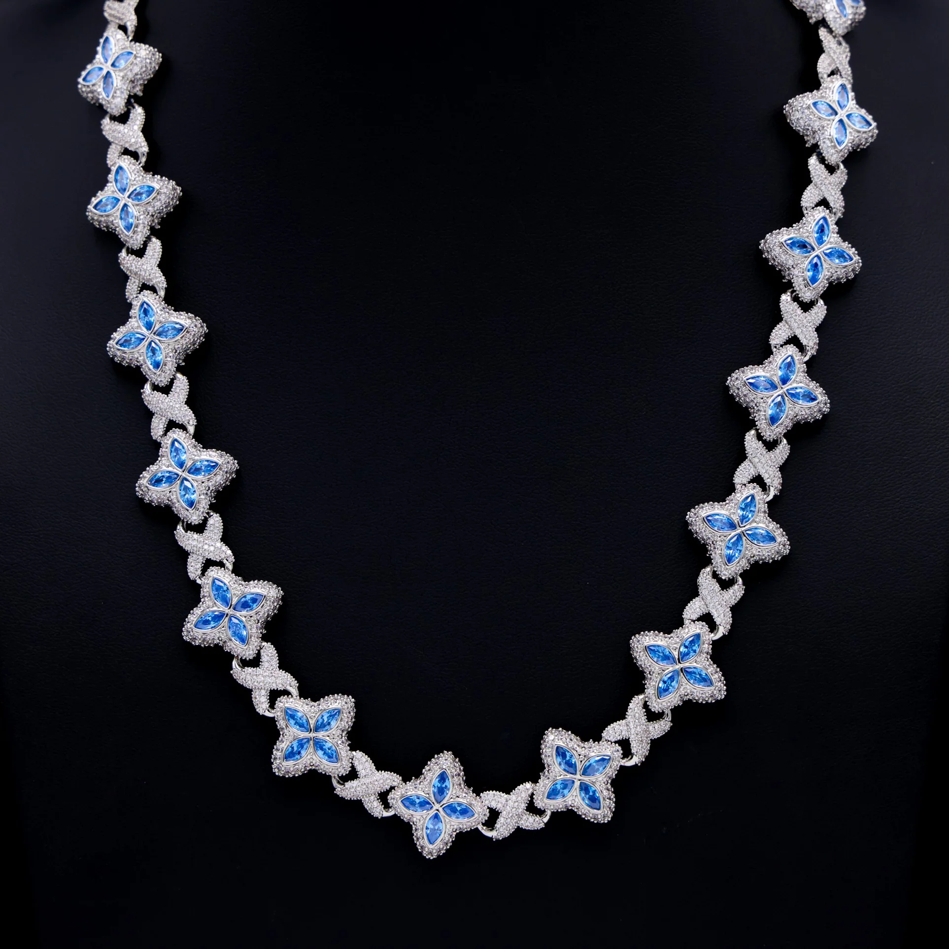 Iced Aqua Blue Clover Link Chain - White Gold - Image 3
