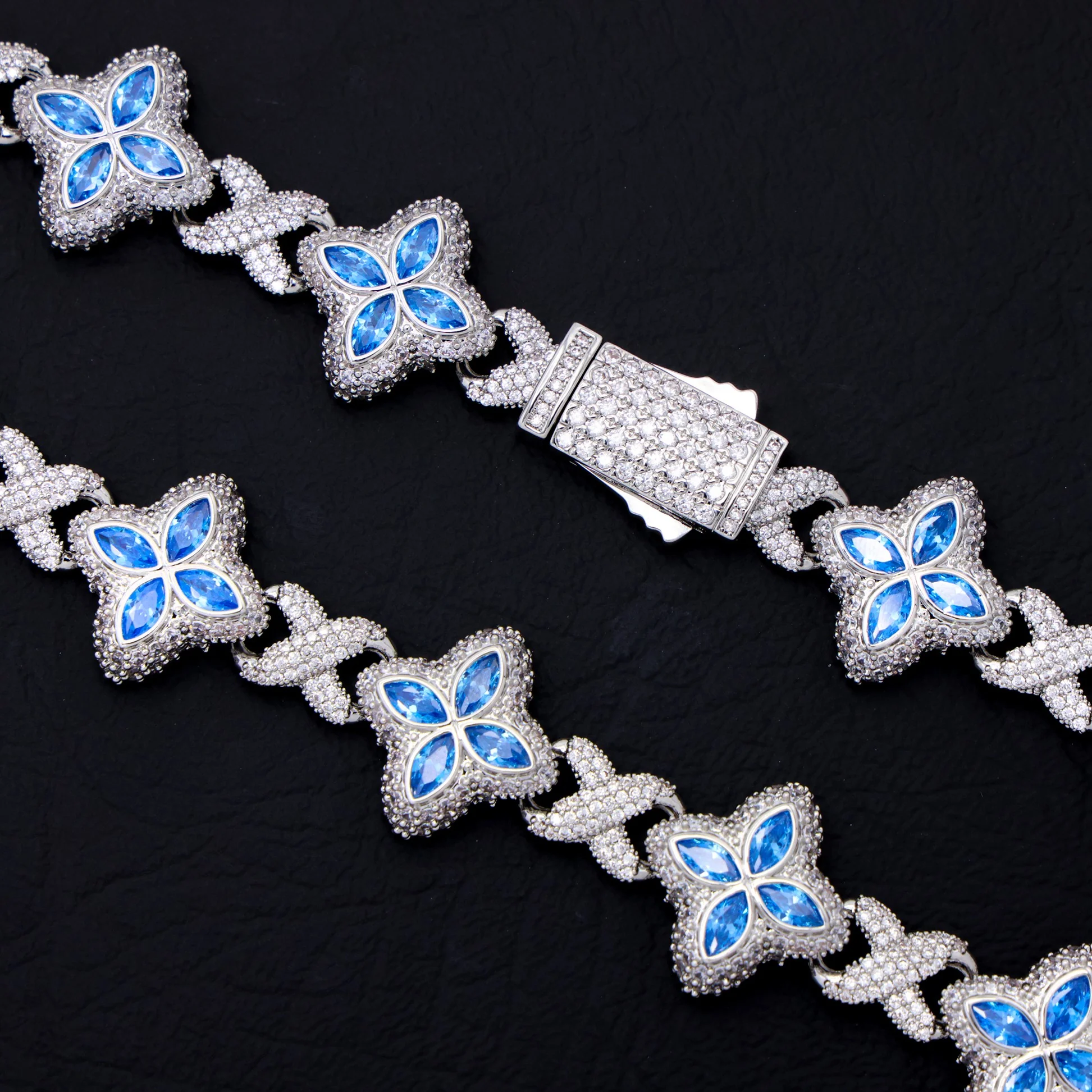 Iced Aqua Blue Clover Link Chain - White Gold - Image 4