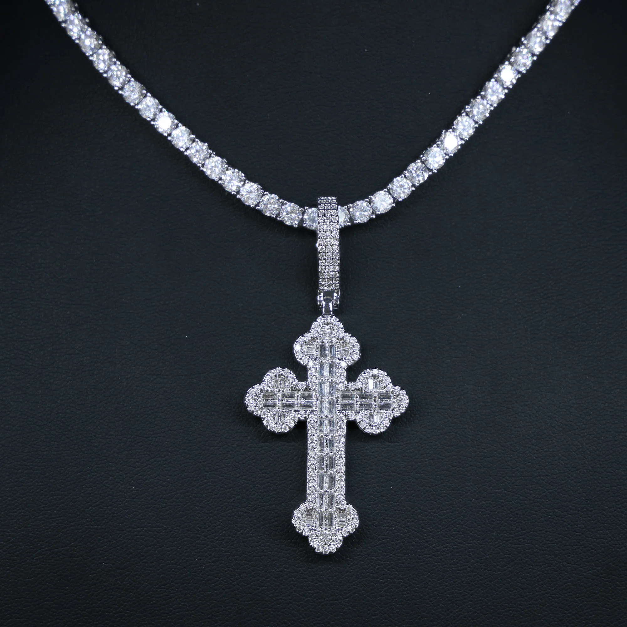Iced Baguette Budded Cross Pendant - White Gold