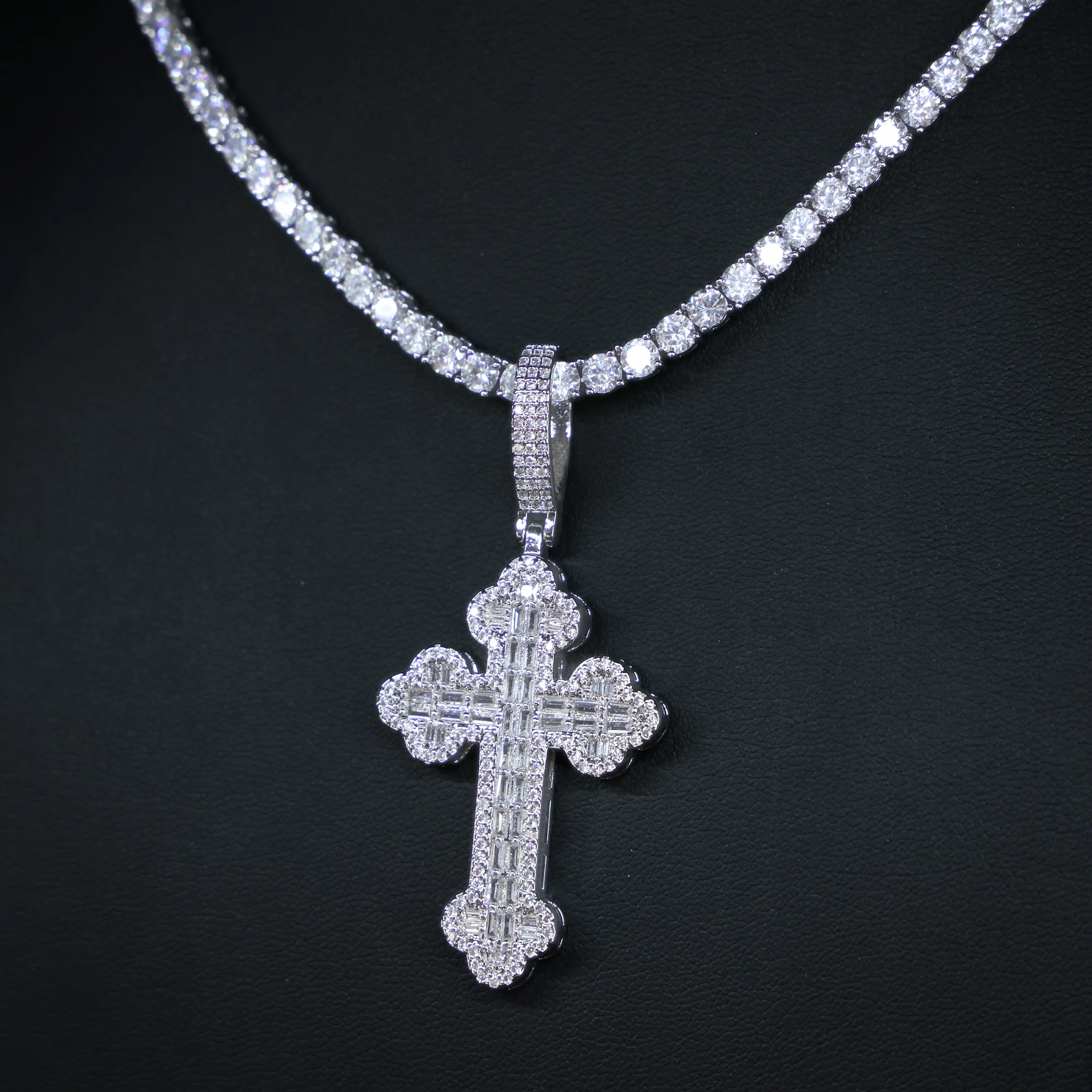 Iced Baguette Budded Cross Pendant - White Gold - Image 2