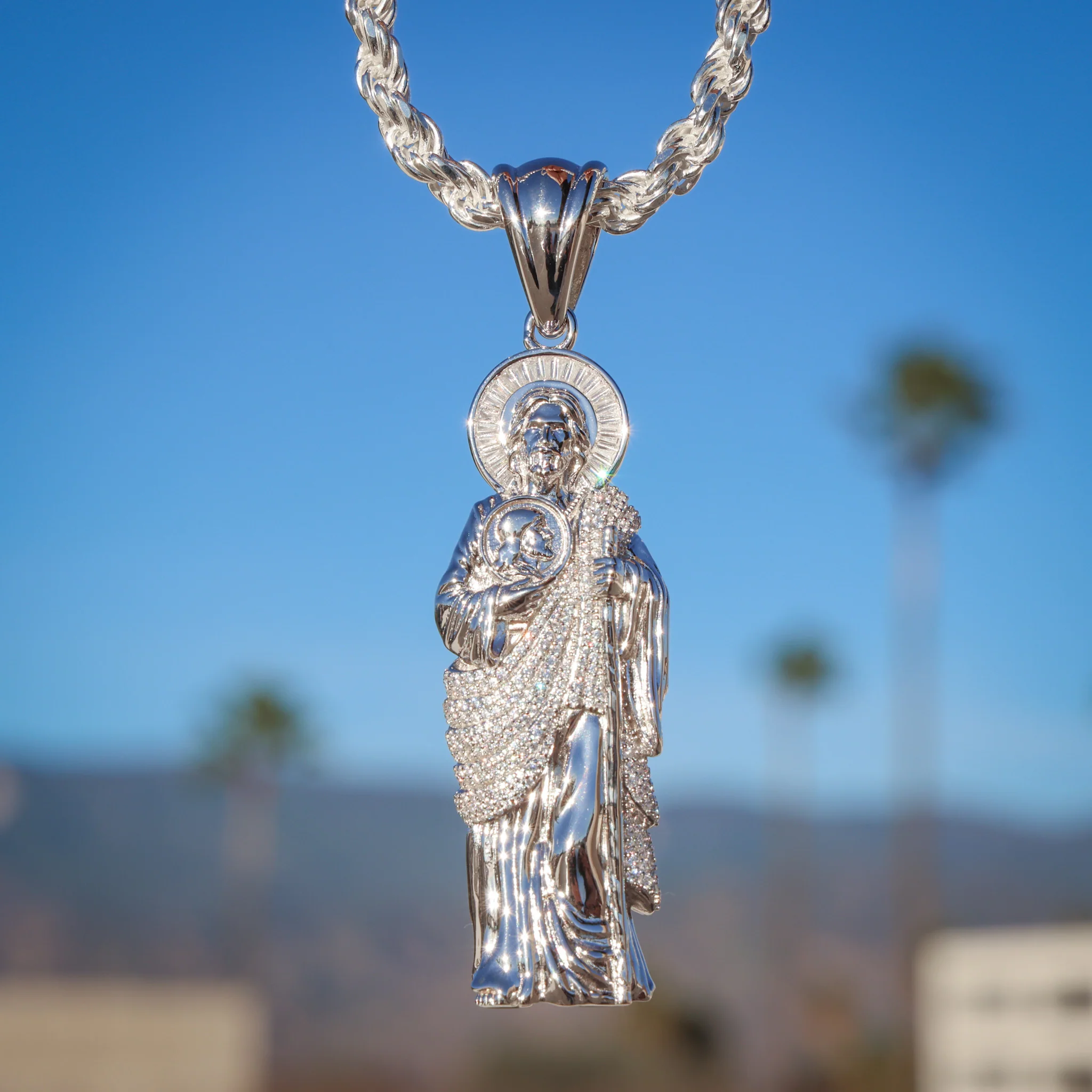 Iced Big San Judas Pendant - 925 Silver - Image 2